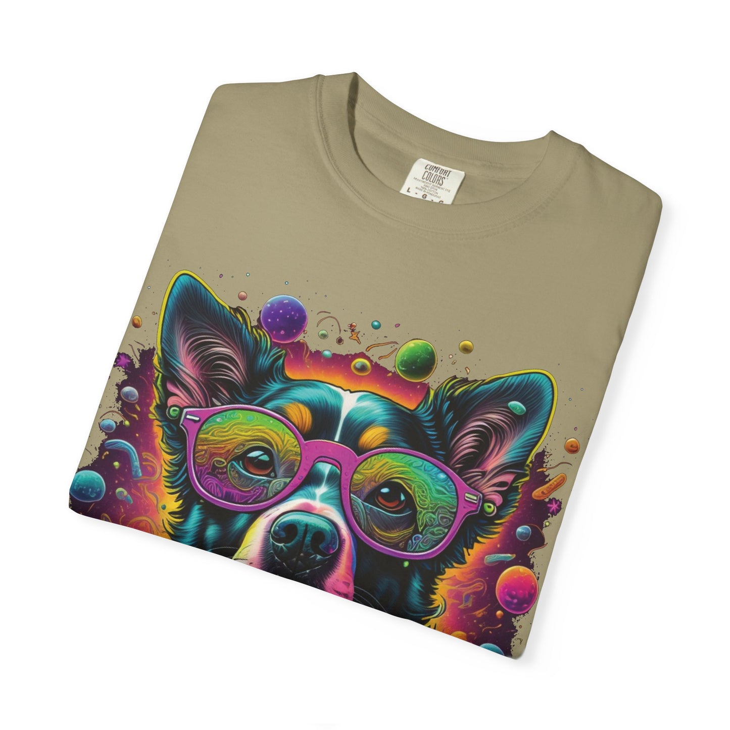 Psychedelic Dog Graphic T-Shirt — Vibrant Neon Pup Art Tee