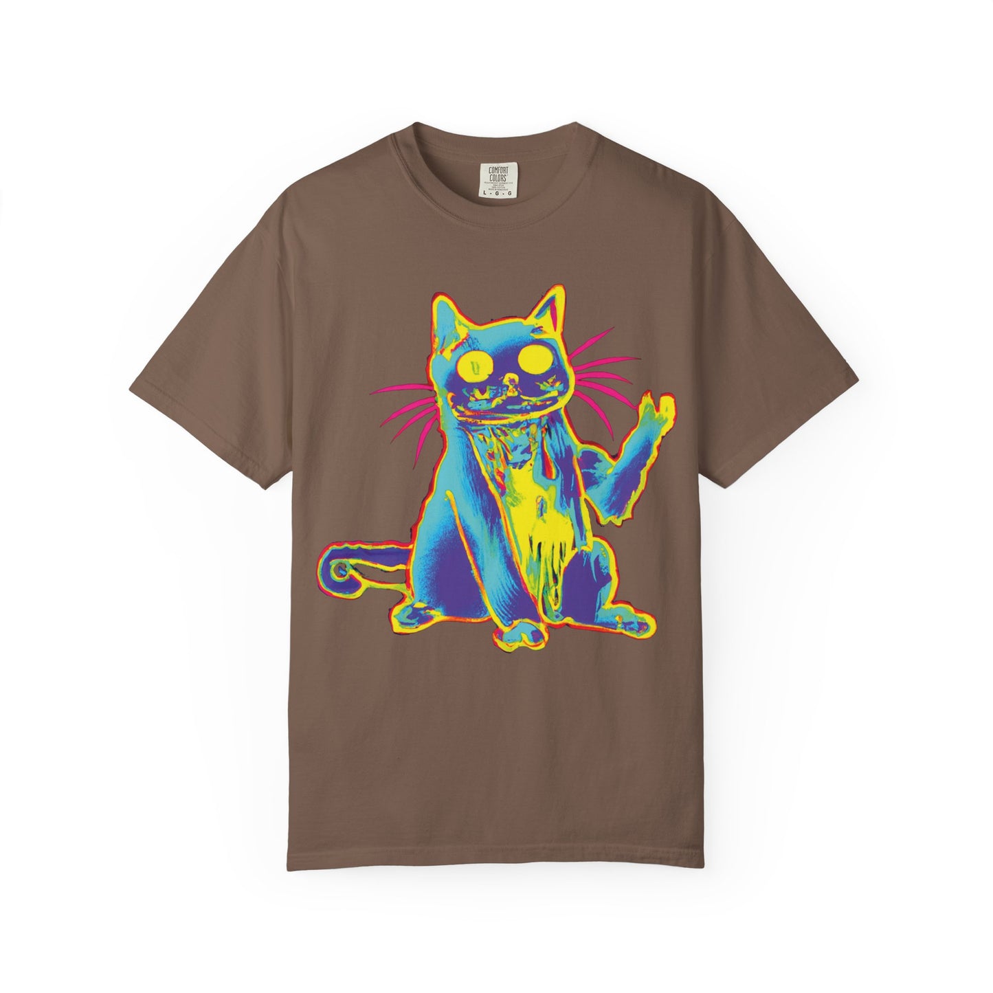Psychedelic Cat Graphic T-Shirt — Retro Neon Cat Front + 'PLURR0UT.com' Back
