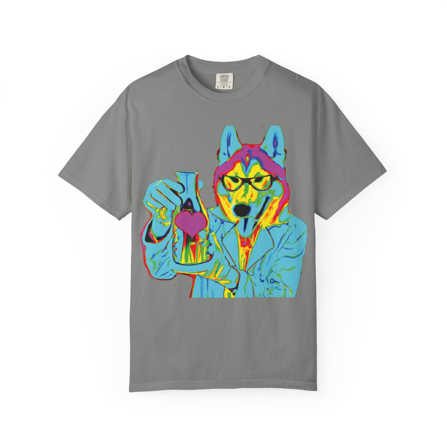 Psychedelic Husky Graphic T-Shirt — Colorful Scientist Dog Design