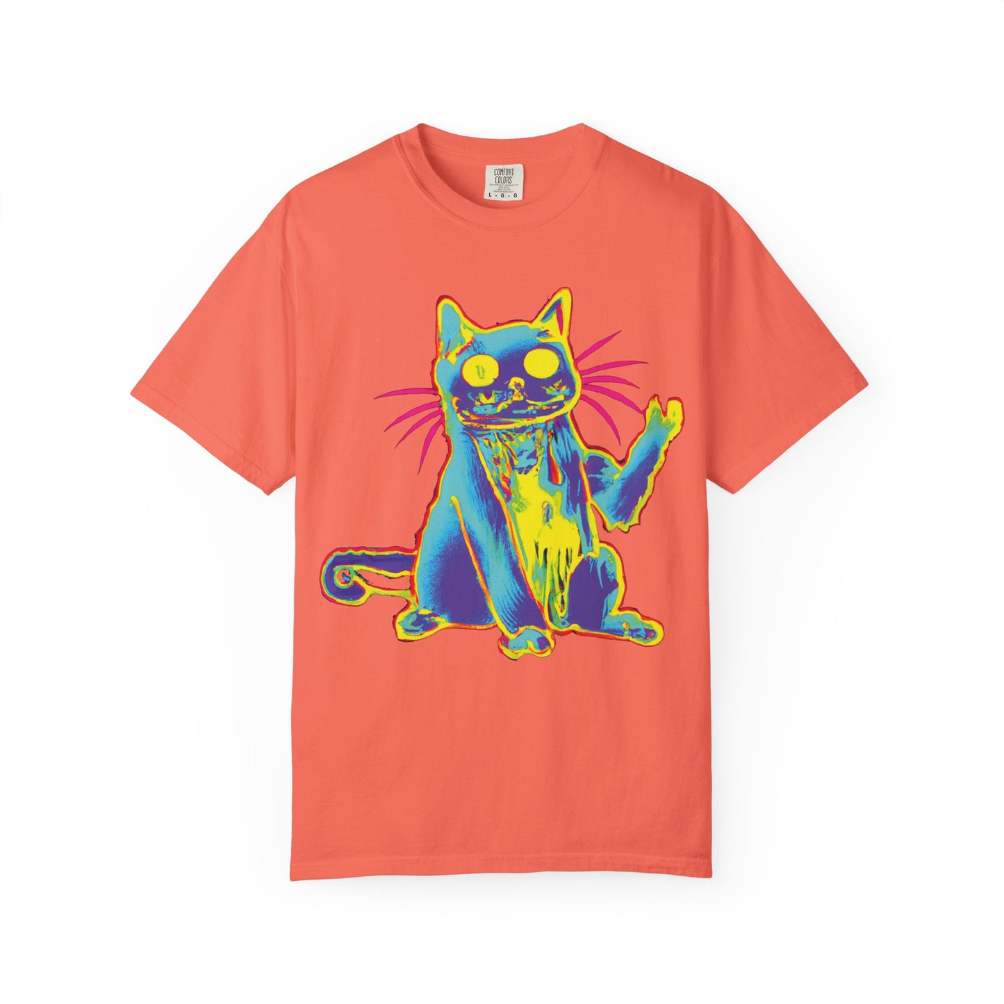 Psychedelic Cat Graphic T-Shirt — Retro Neon Cat Front + 'PLURR0UT.com' Back