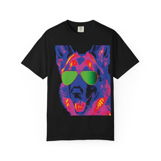 Cool Neon German Shepherd T-Shirt with Sunglasses – Retro Pop Art Dog Tee