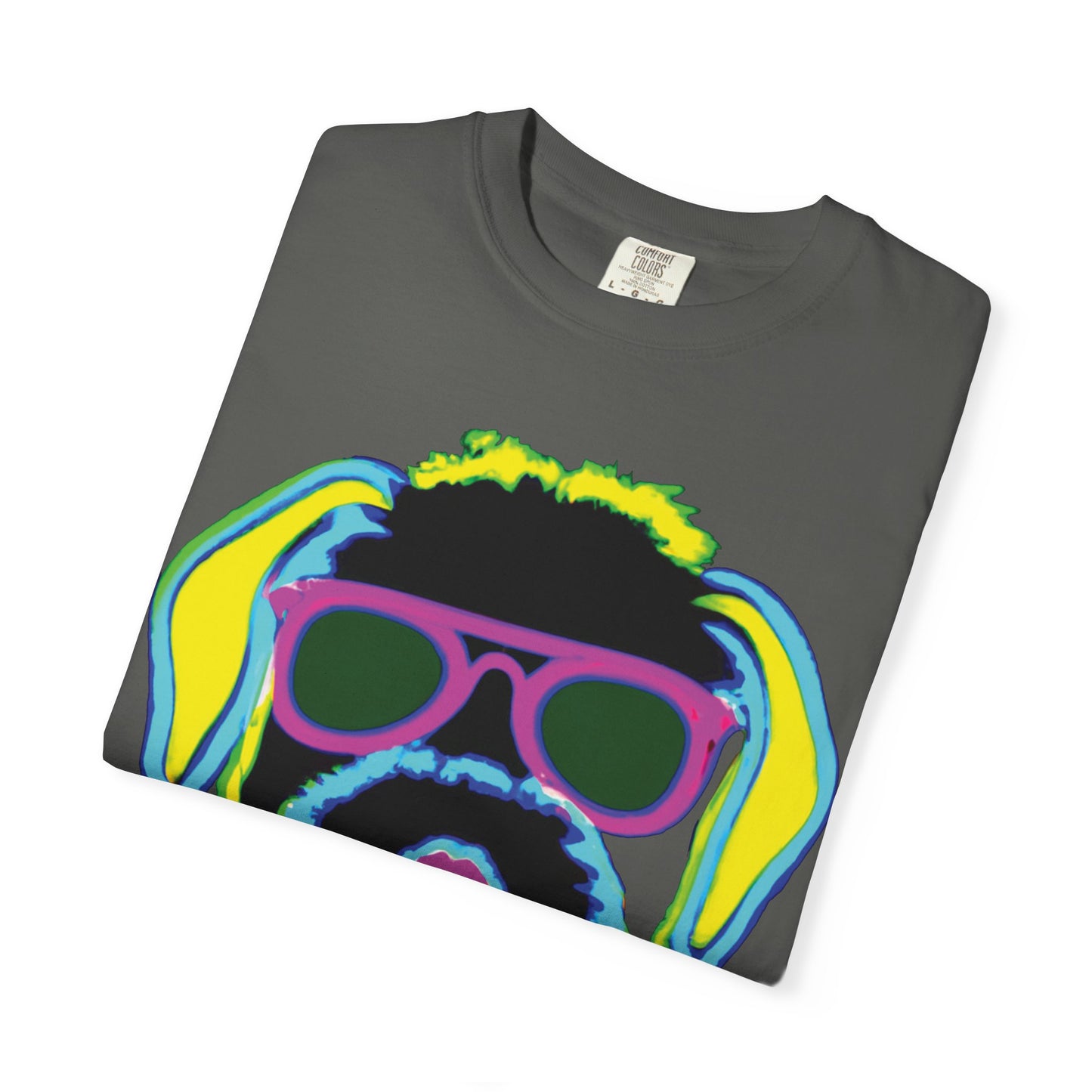 Neon Cool Dog Graphic T-Shirt — Sunglasses Pup Tee with PlurOut Backprint