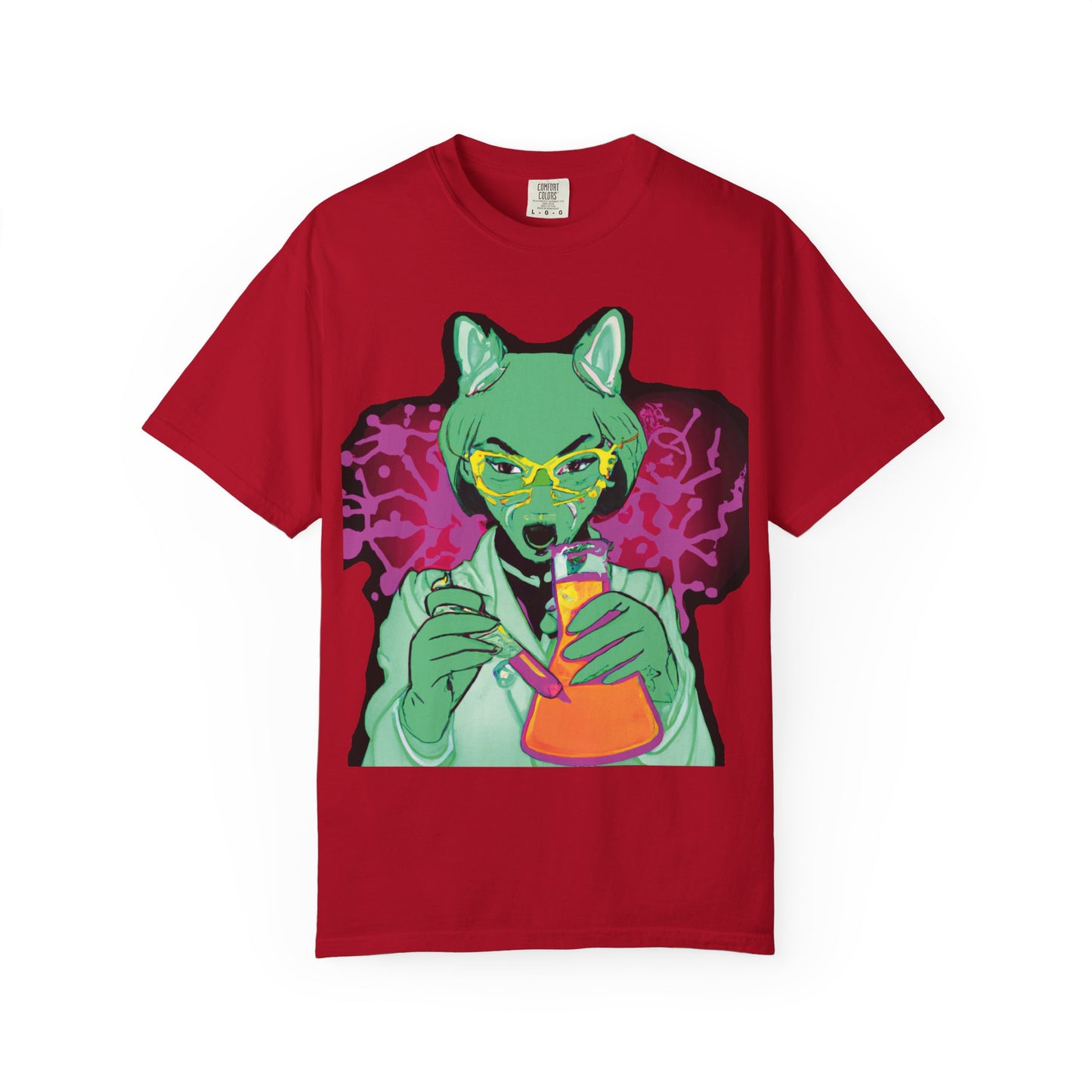 Psychedelic Fox Chemist T-Shirt — Green Fox with Beaker Graphic