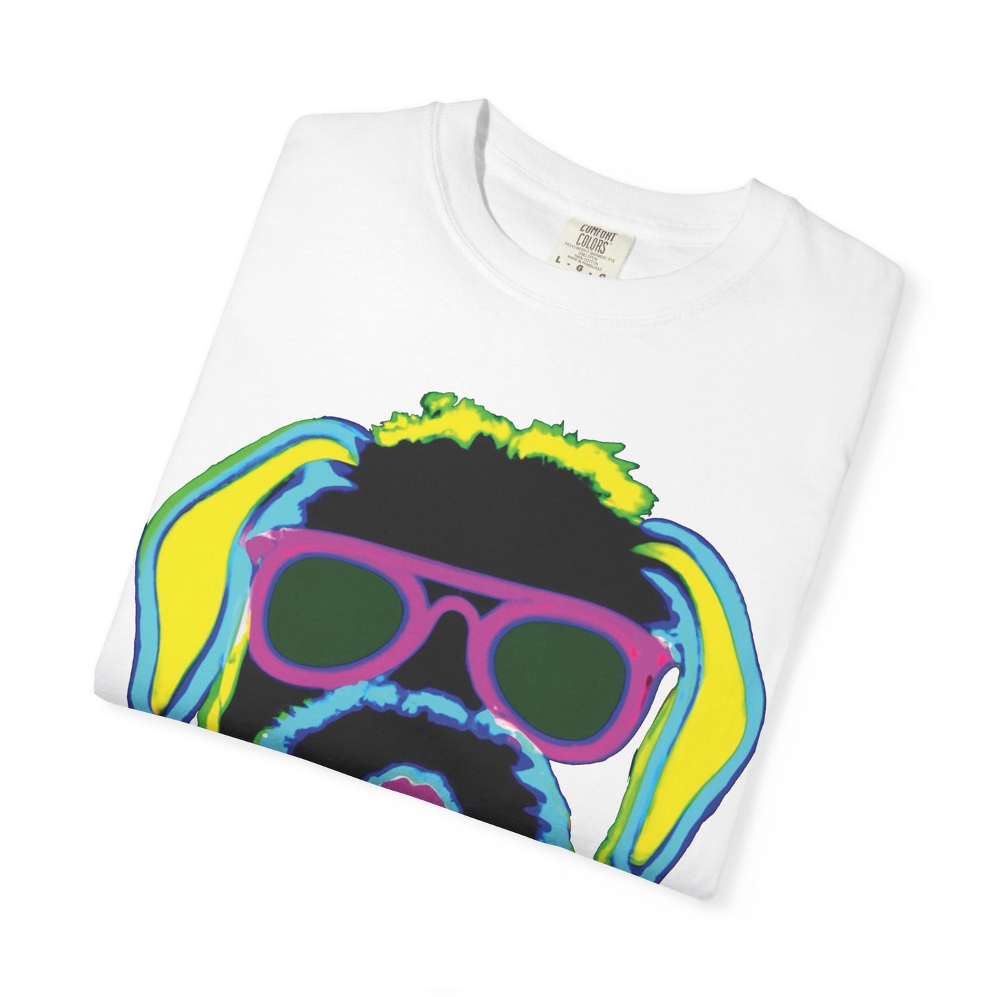 Neon Cool Dog Graphic T-Shirt — Sunglasses Pup Tee with PlurOut Backprint