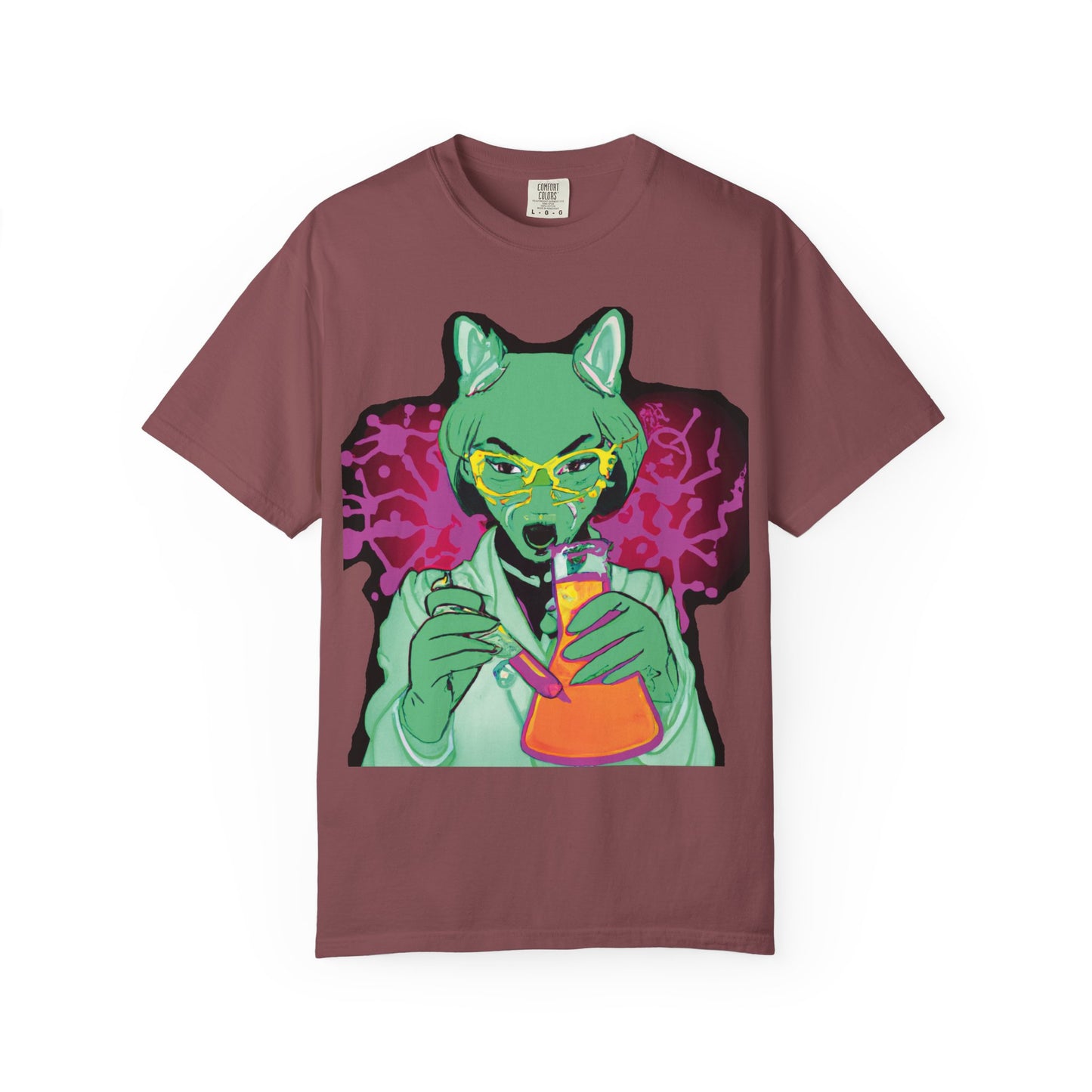Psychedelic Fox Chemist T-Shirt — Green Fox with Beaker Graphic