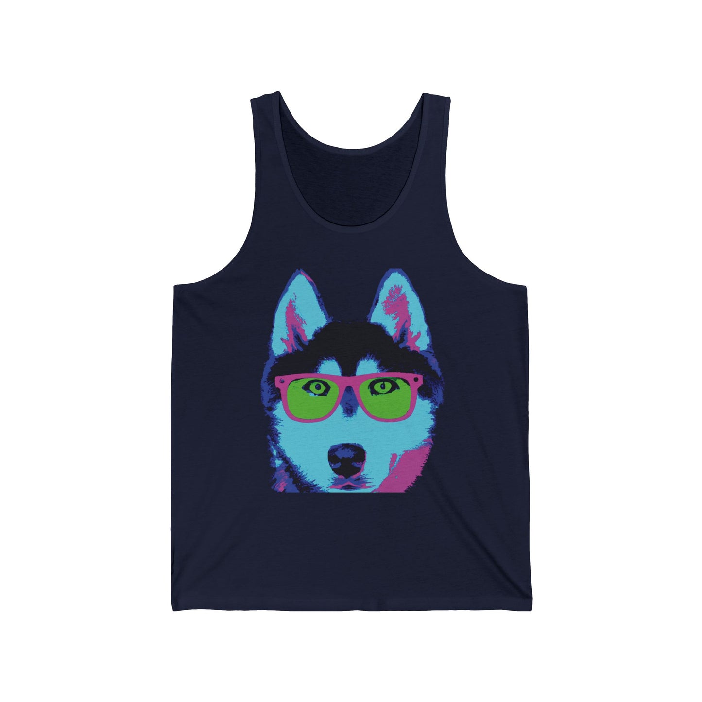 Pop Art Husky Tank Top — Colorful Dog Face Tank with 'Plurout.com' Accent