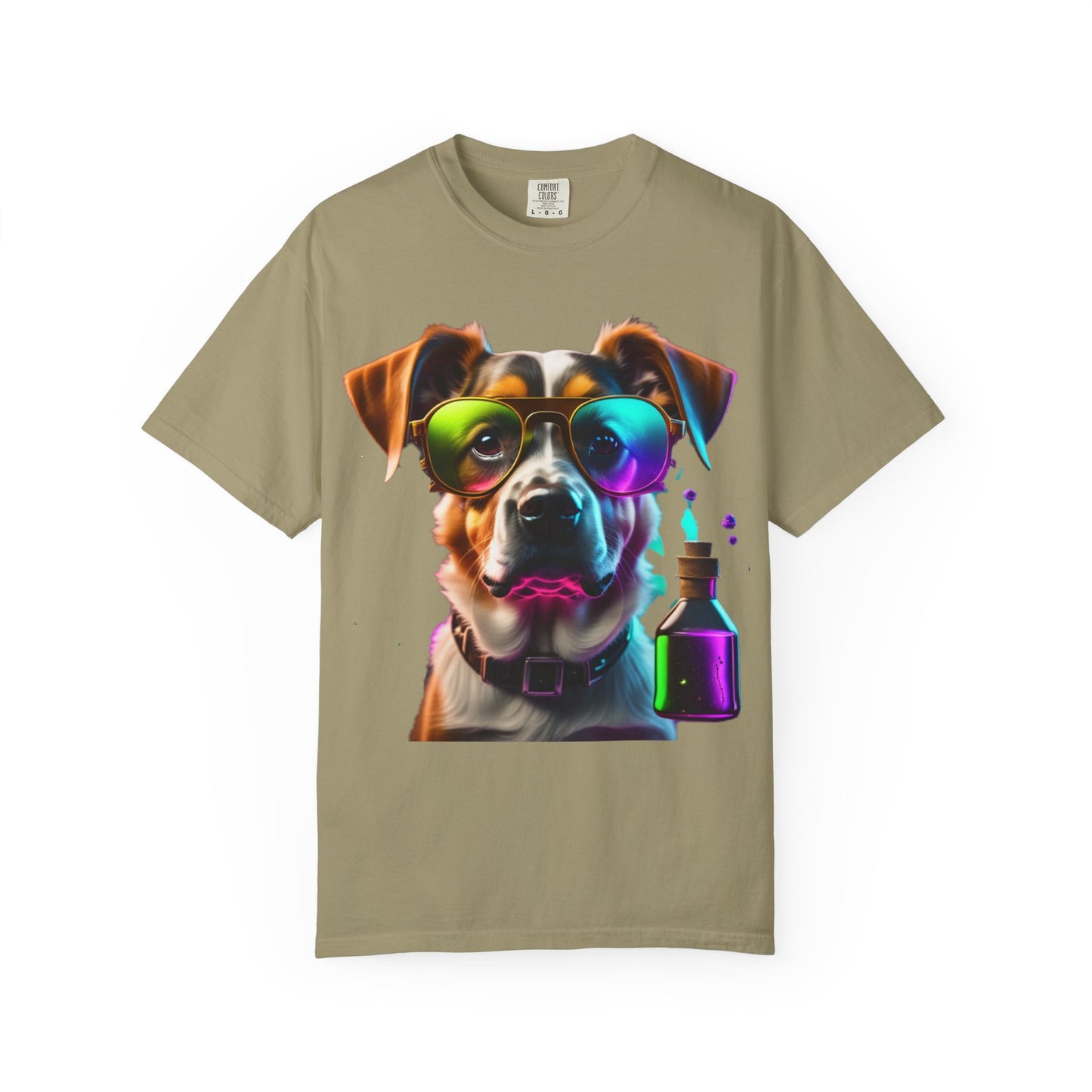 Dog Chemist Graphic T-Shirt — Colorful Lab Pup Design with 'Plurout.com' Backprint