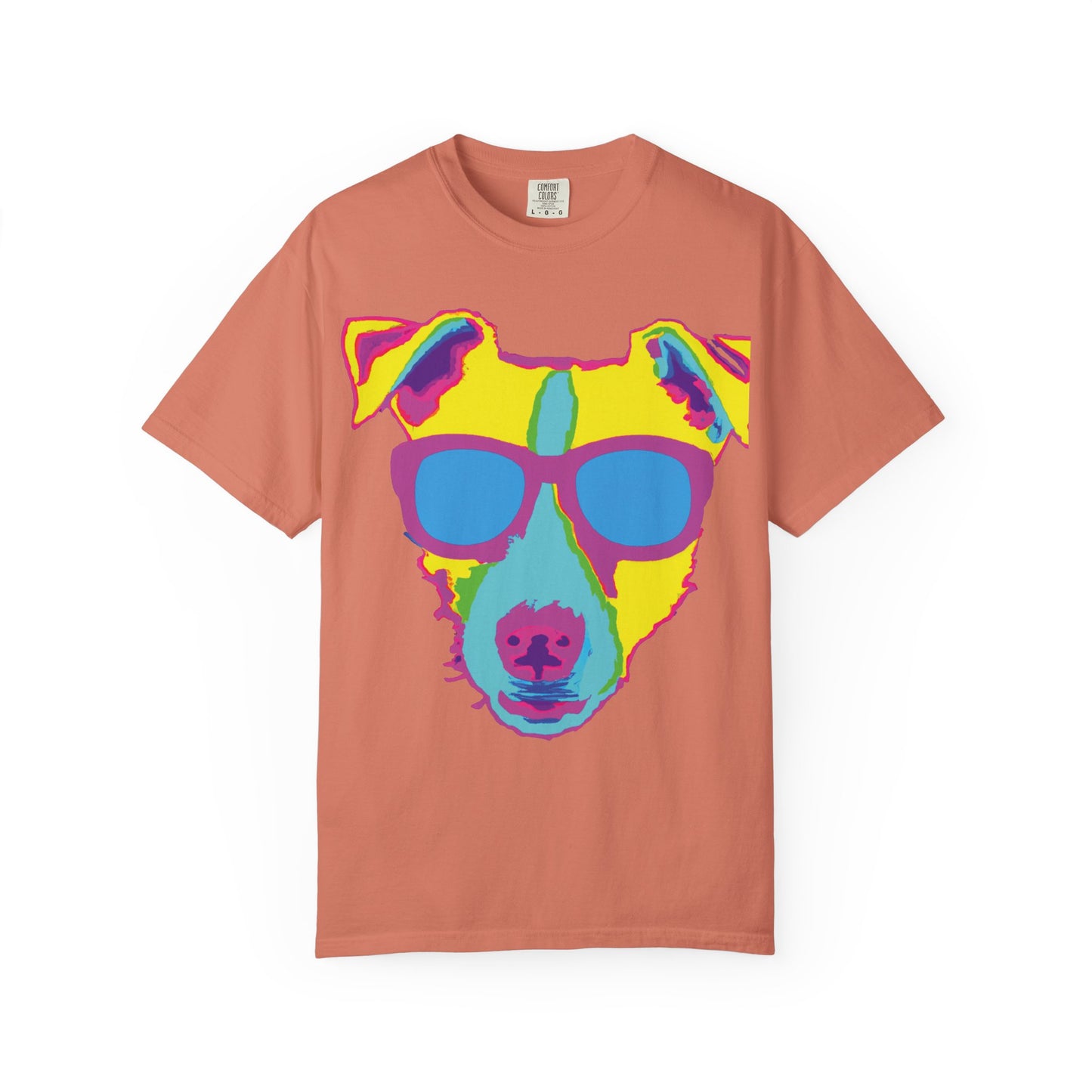 Dog Sunglasses Tee — Colorful Pop Art Dog T-Shirt (PLURout.com Back)