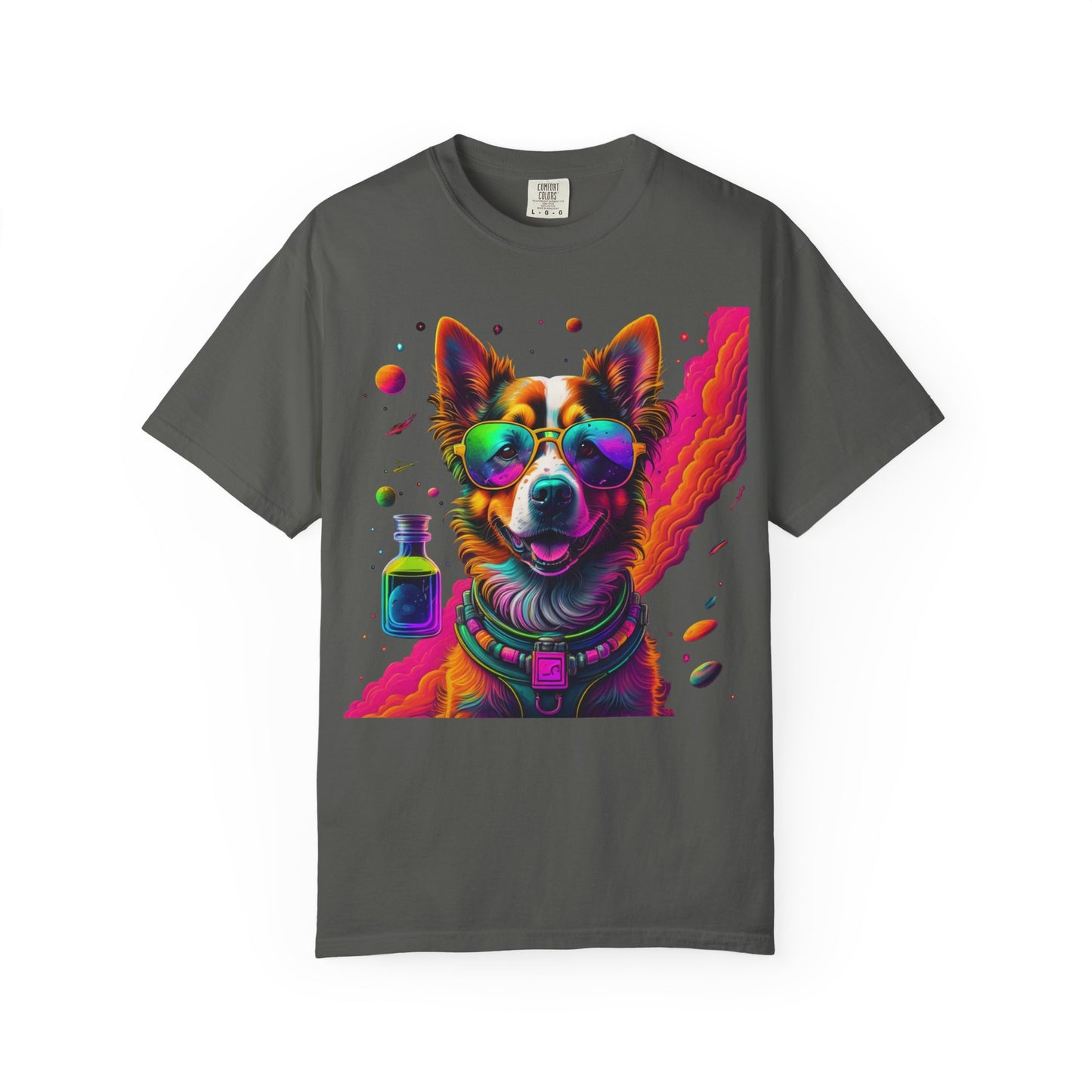 Psychedelic Dog Graphic Tee — Colorful Sunglasses Pup Print