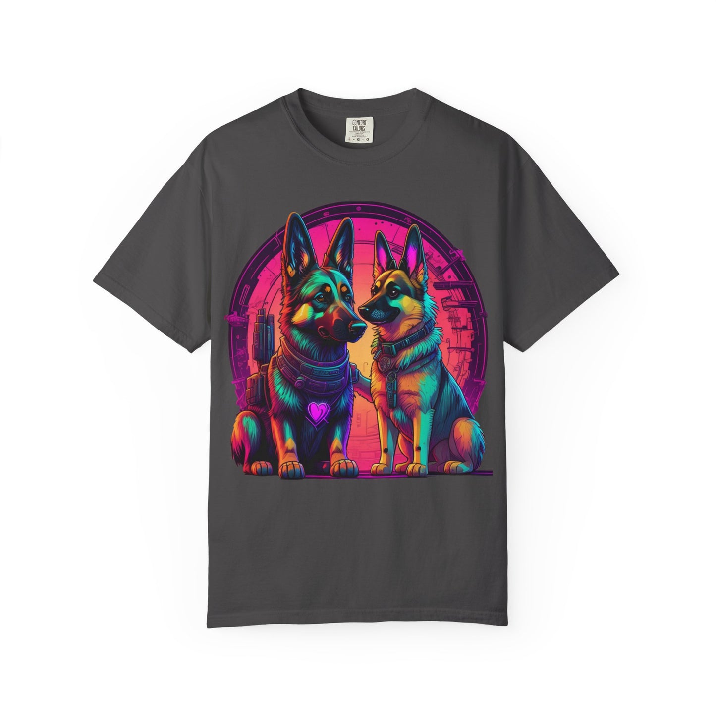 German Shepherd T-Shirt — Neon Retro Dog Duo Graphic Tee
