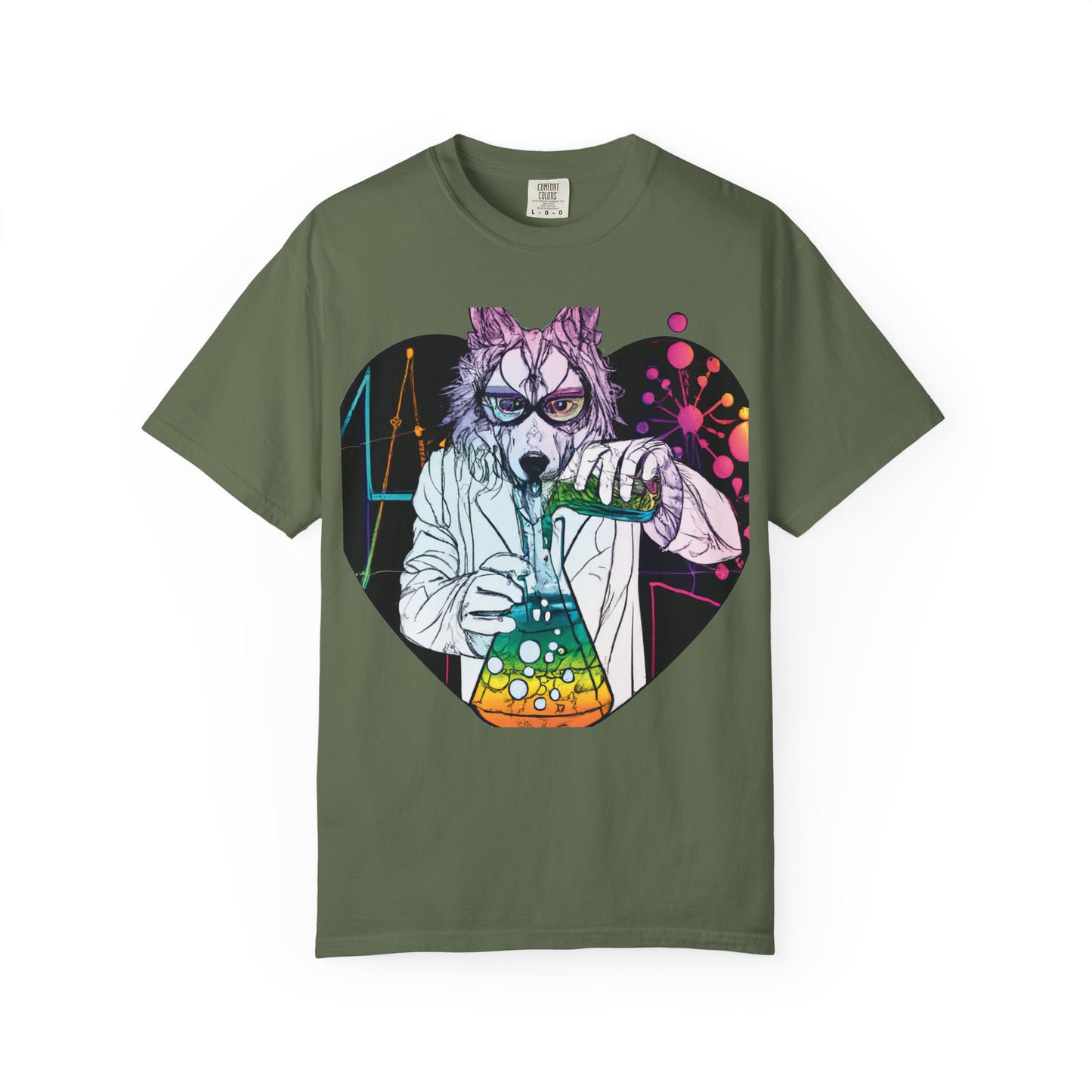 Science Wolf Heart T-Shirt — Colorful Mad Scientist Wolf Graphic Tee
