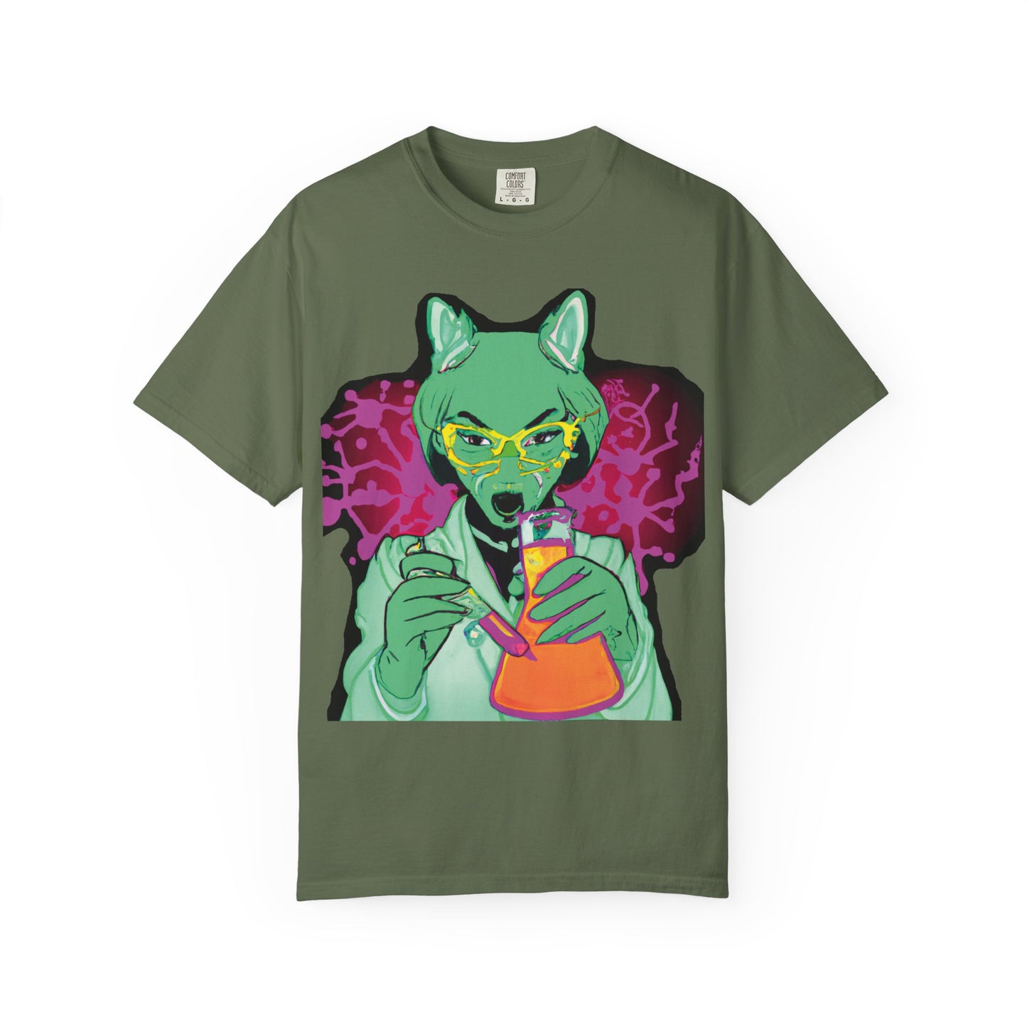 Psychedelic Fox Chemist T-Shirt — Green Fox with Beaker Graphic