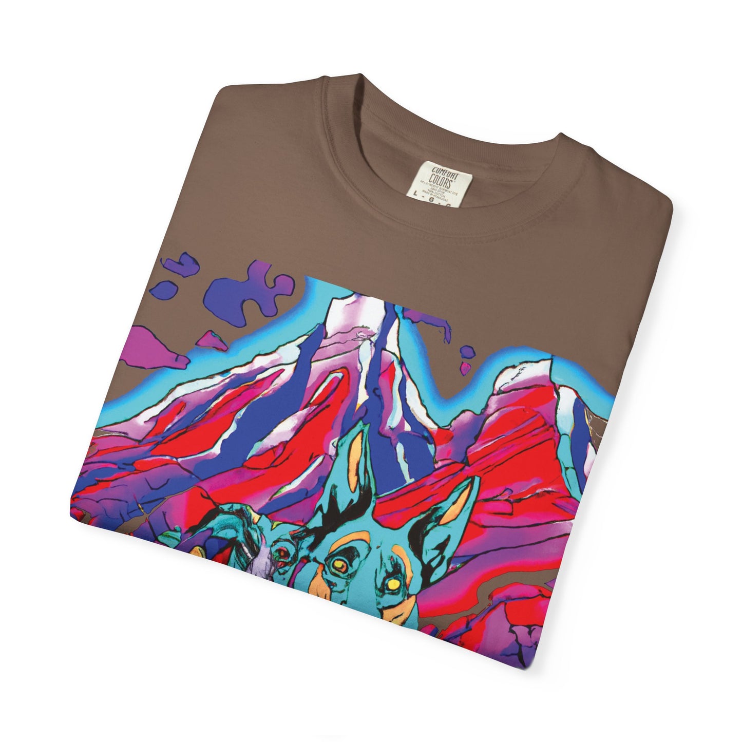 Psychedelic Mountain German Shepherd T-Shirt — Colorful Graphic Tee with Bold Back Script