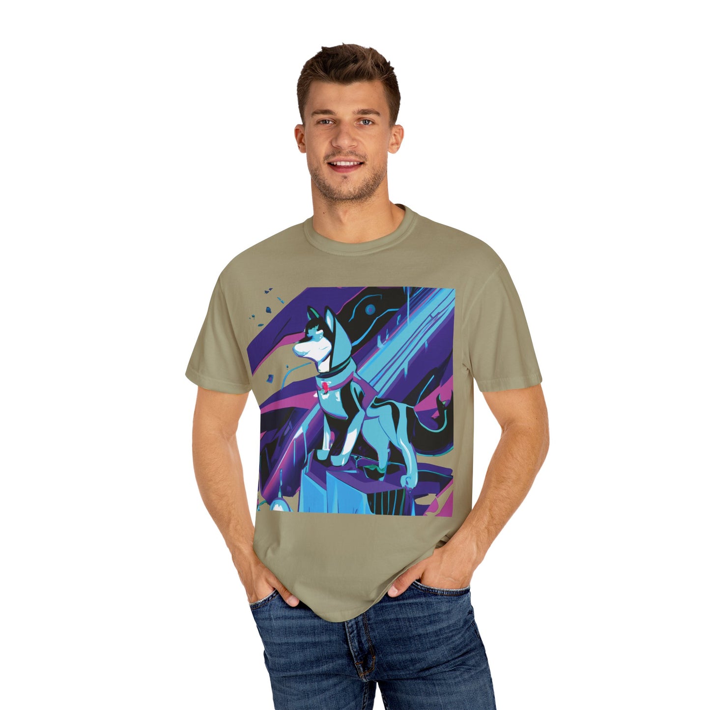 Arctic Husky Graphic T‑Shirt — Neon Cyber Wolf Design