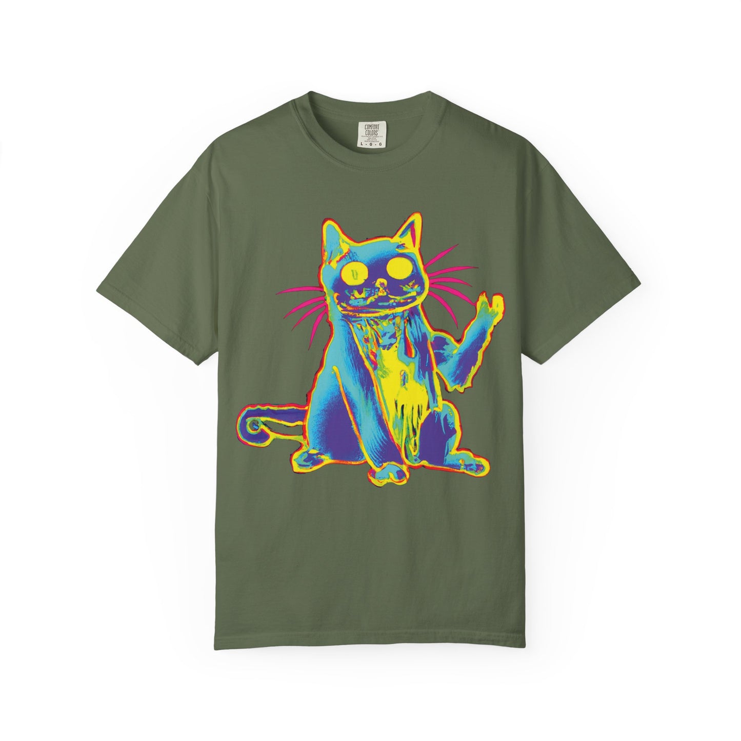 Psychedelic Cat Graphic T-Shirt — Retro Neon Cat Front + 'PLURR0UT.com' Back