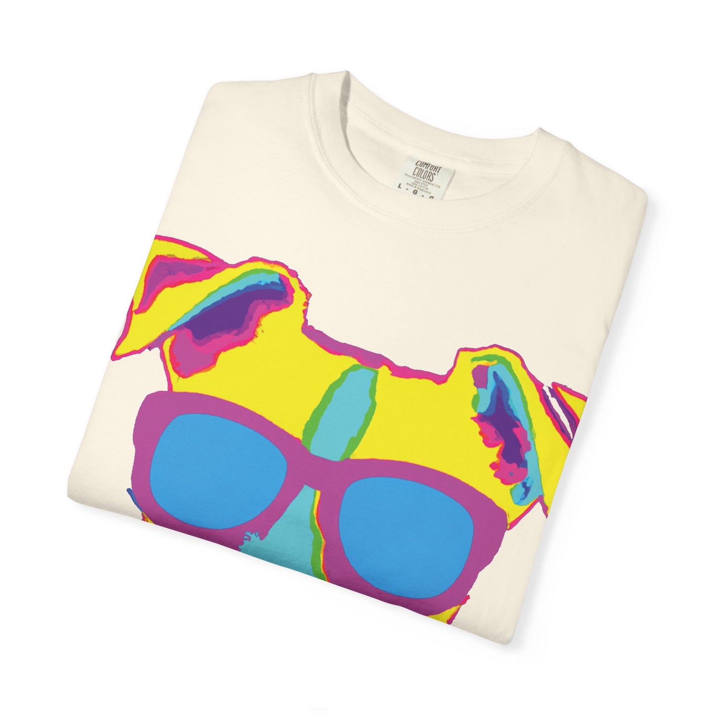 Dog Sunglasses Tee — Colorful Pop Art Dog T-Shirt (PLURout.com Back)