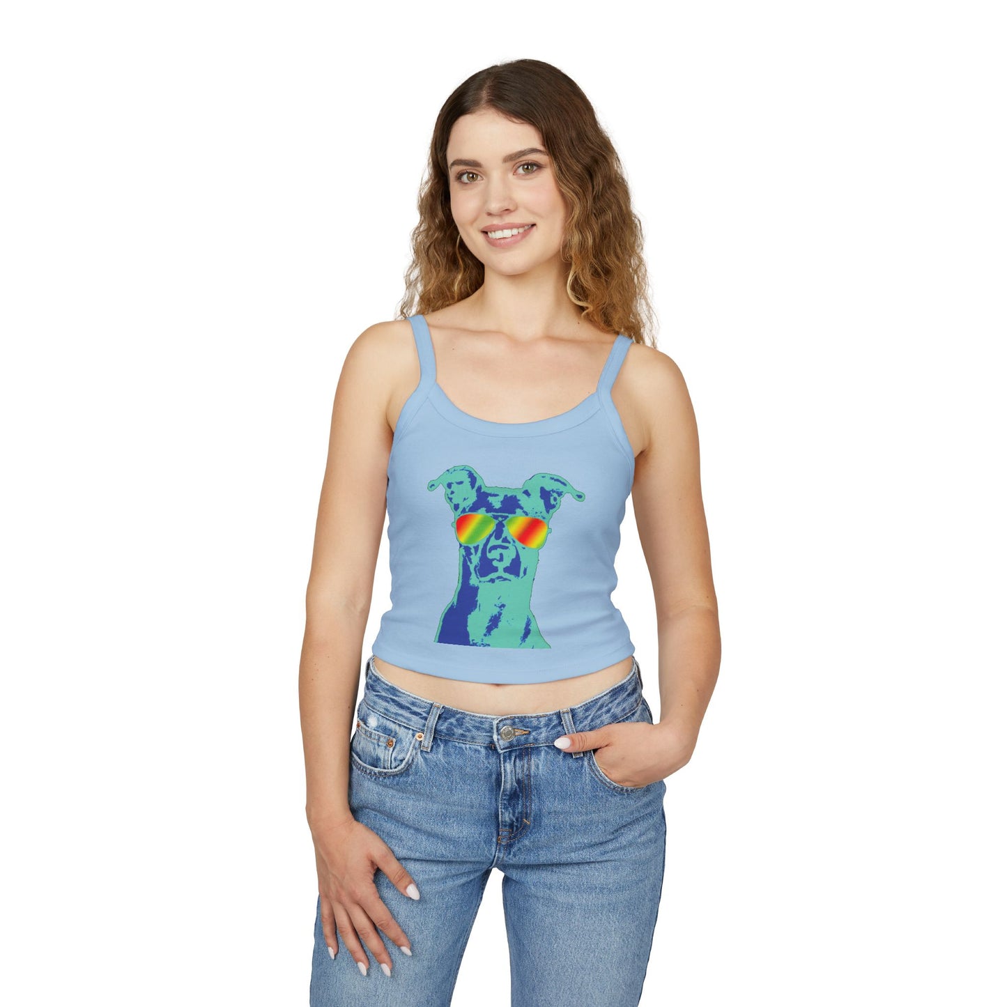 Dog Sunglasses Crop Tank Top — Colorful Summer Pup Graphic