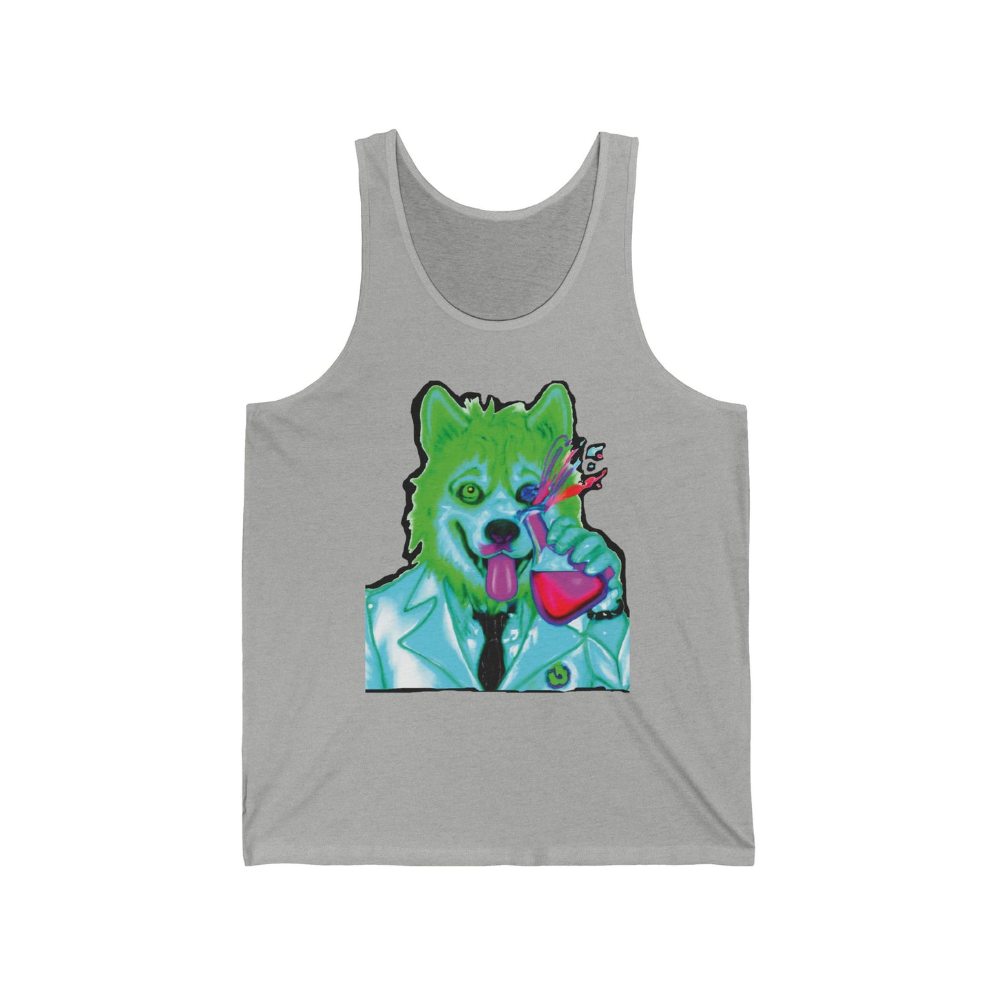 Neon Canine Scientist Tank Top — Vibrant Dog in Lab Coat Graphic Tank