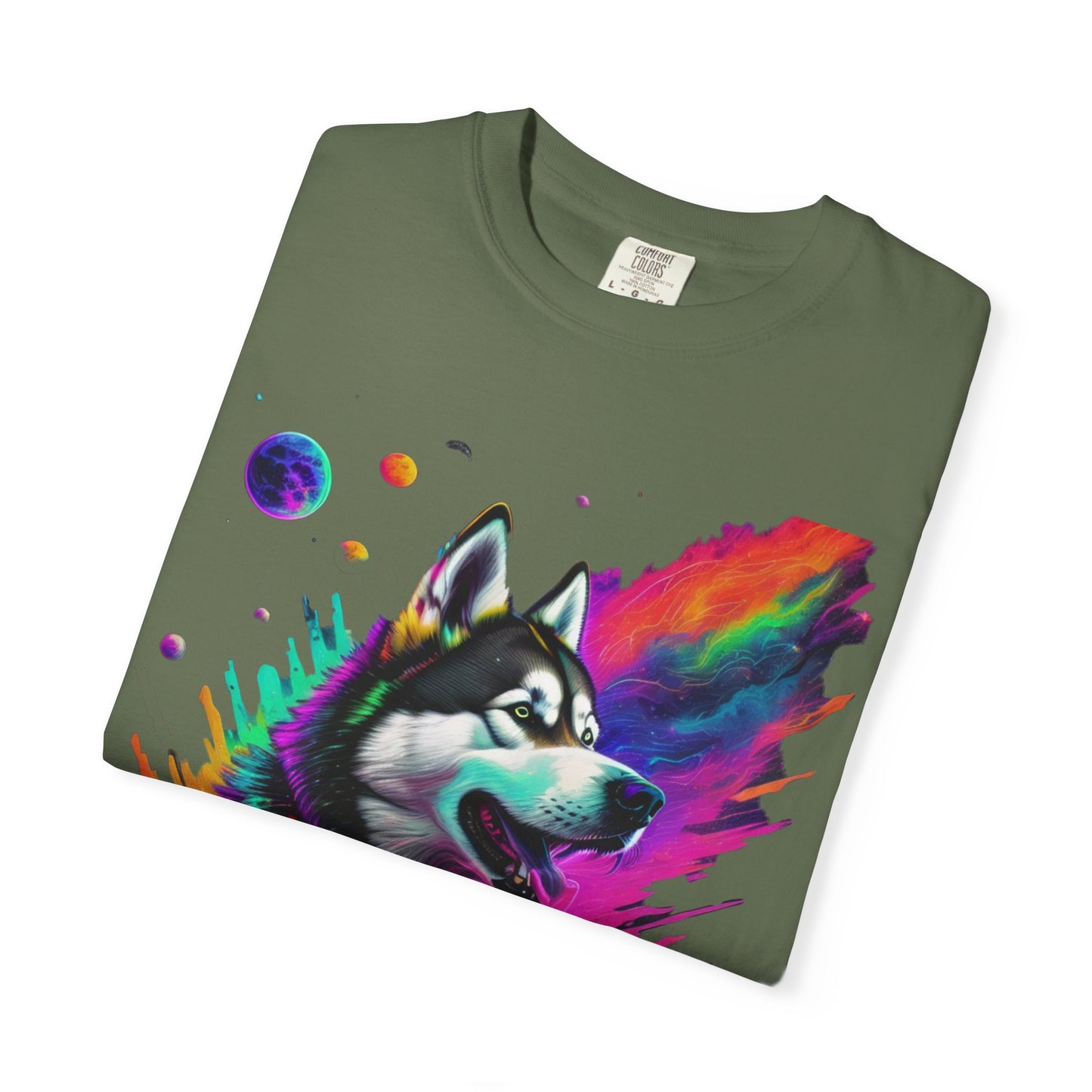Husky Nebula T-Shirt — Colorful Cosmic Dog Art Tee