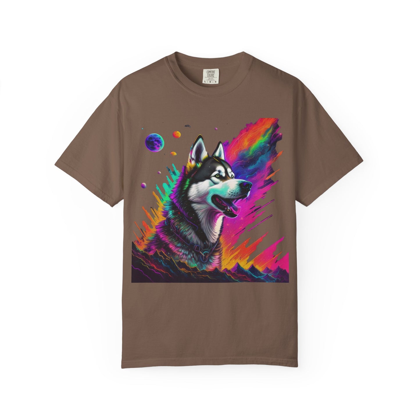 Husky Nebula T-Shirt — Colorful Cosmic Dog Art Tee