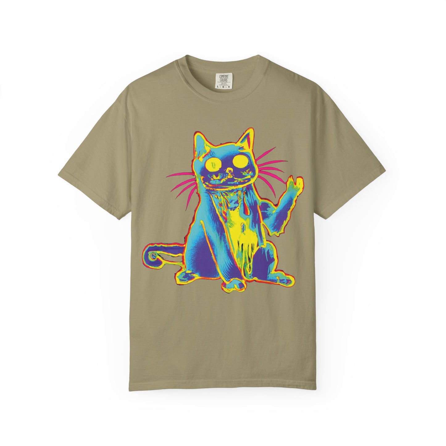 Psychedelic Cat Graphic T-Shirt — Retro Neon Cat Front + 'PLURR0UT.com' Back