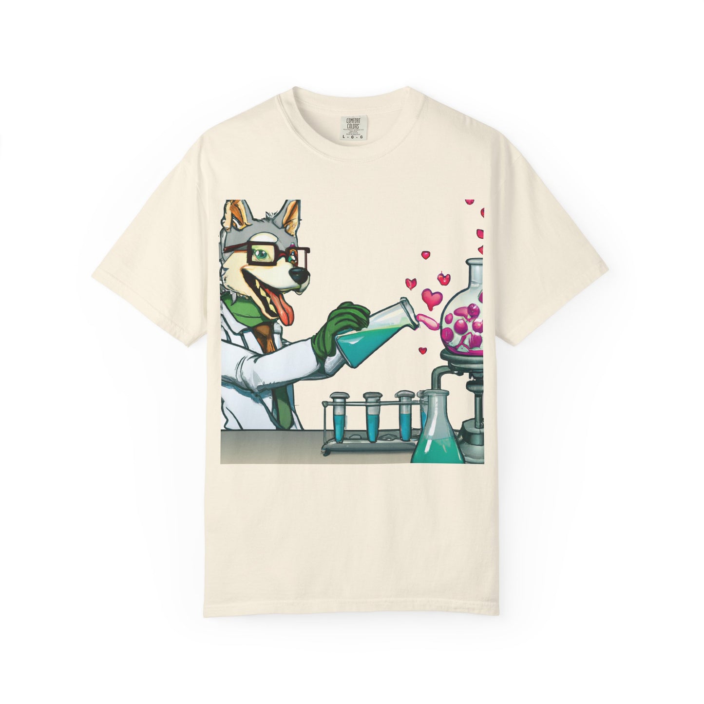 Chemist Dog T-Shirt — Cute Lab Scientist Pouring Love (Plurout.com Back Print)