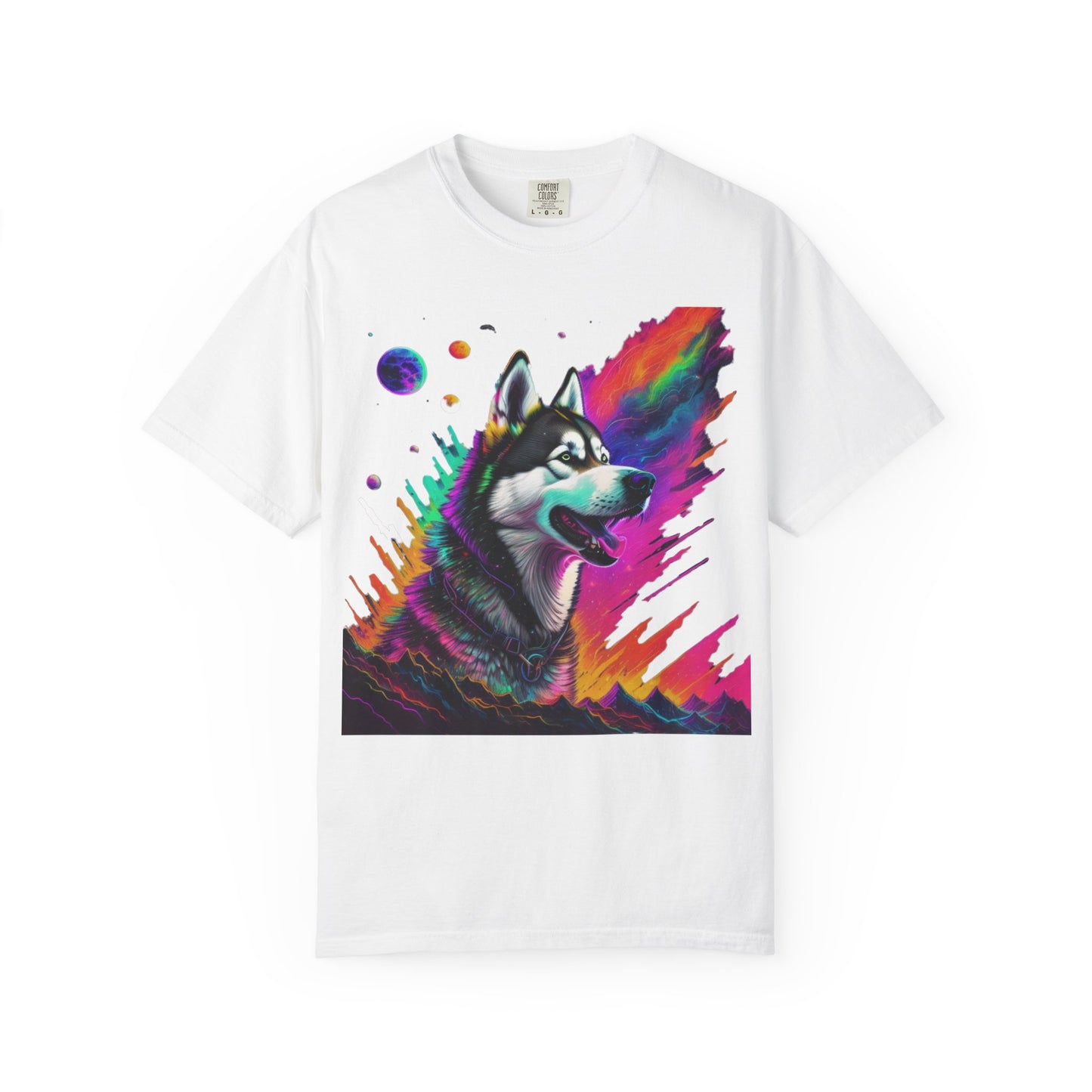 Husky Nebula T-Shirt — Colorful Cosmic Dog Art Tee