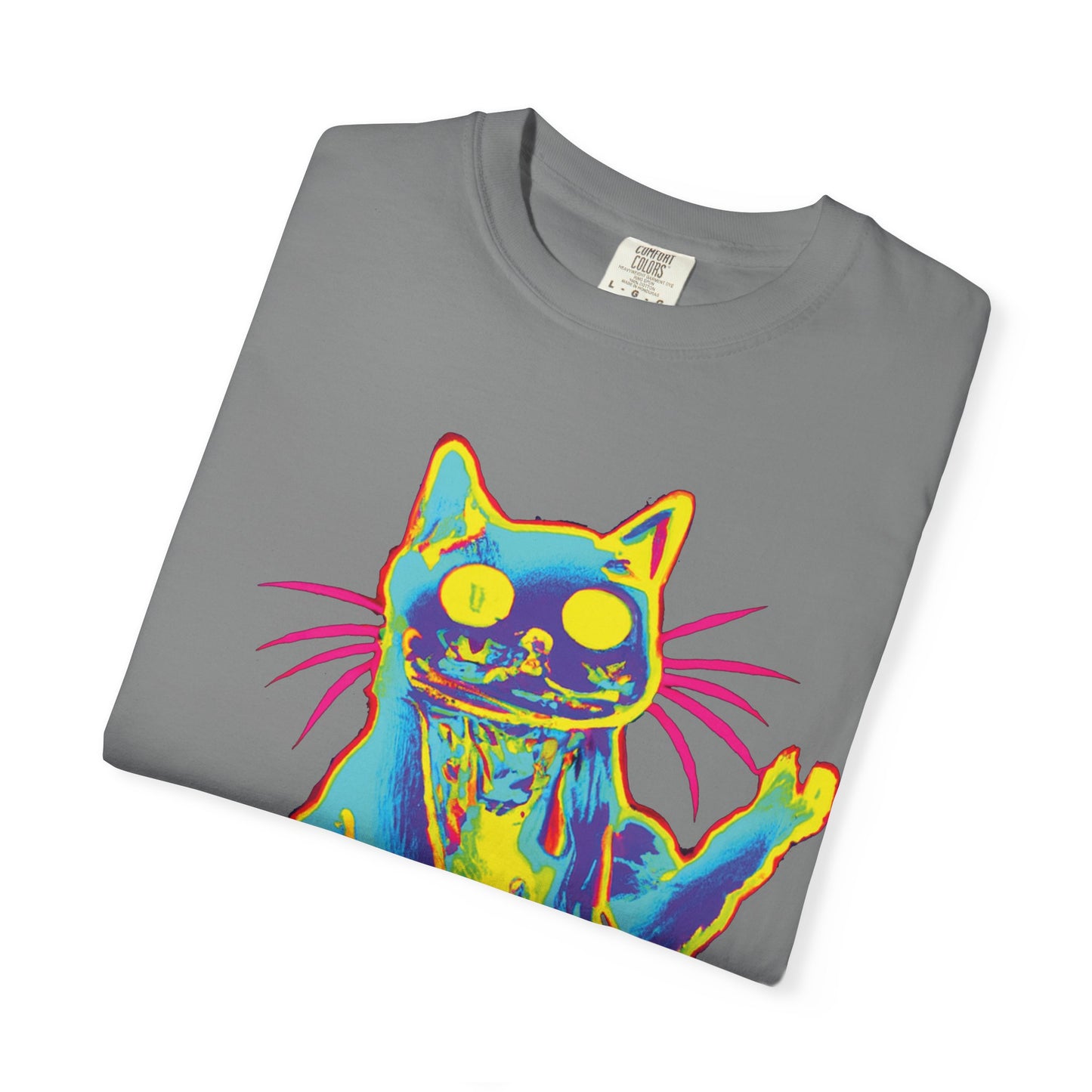 Psychedelic Cat Graphic T-Shirt — Retro Neon Cat Front + 'PLURR0UT.com' Back