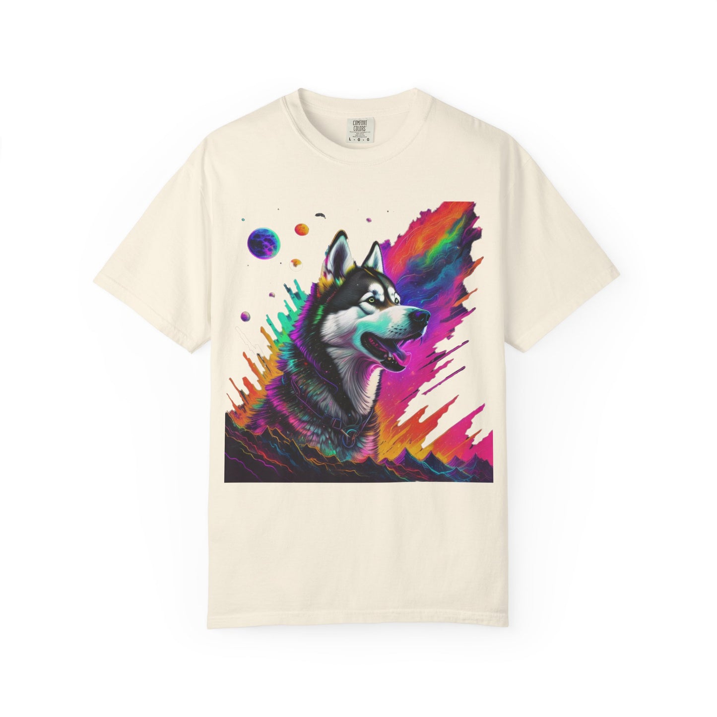 Husky Nebula T-Shirt — Colorful Cosmic Dog Art Tee