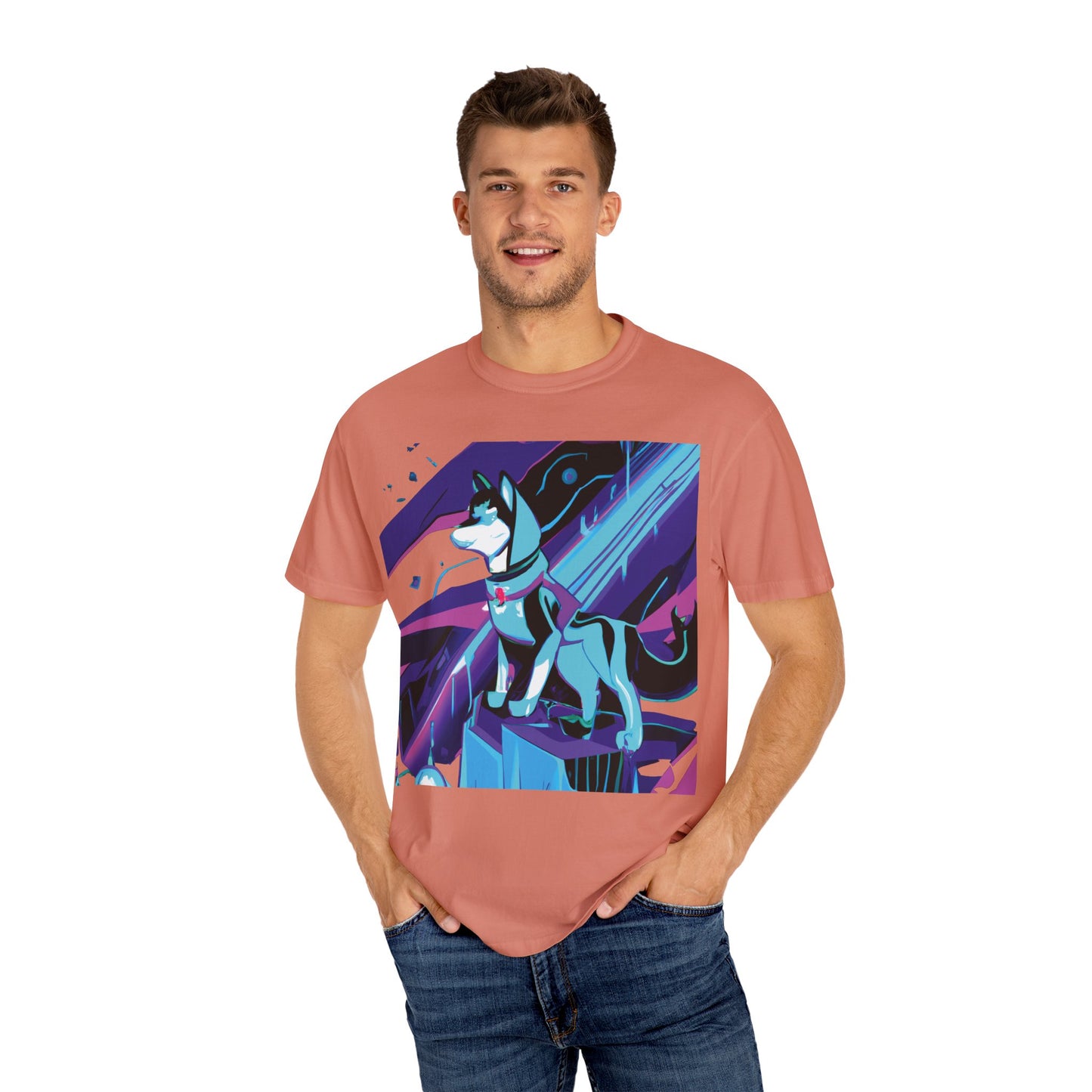 Arctic Husky Graphic T‑Shirt — Neon Cyber Wolf Design