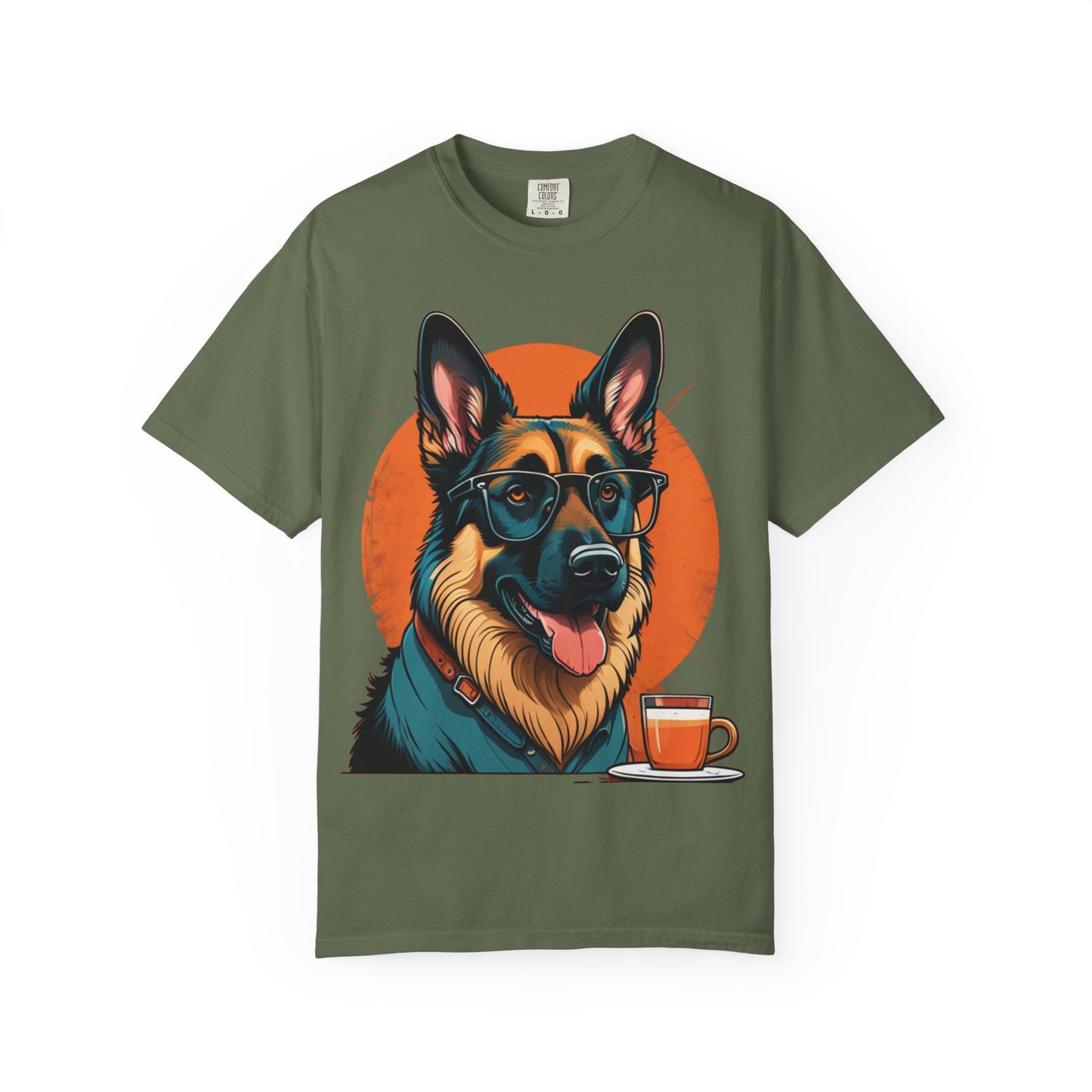 German Shepherd Coffee T-Shirt — Cool Dog Graphic Tee with Sunglasses & Mug