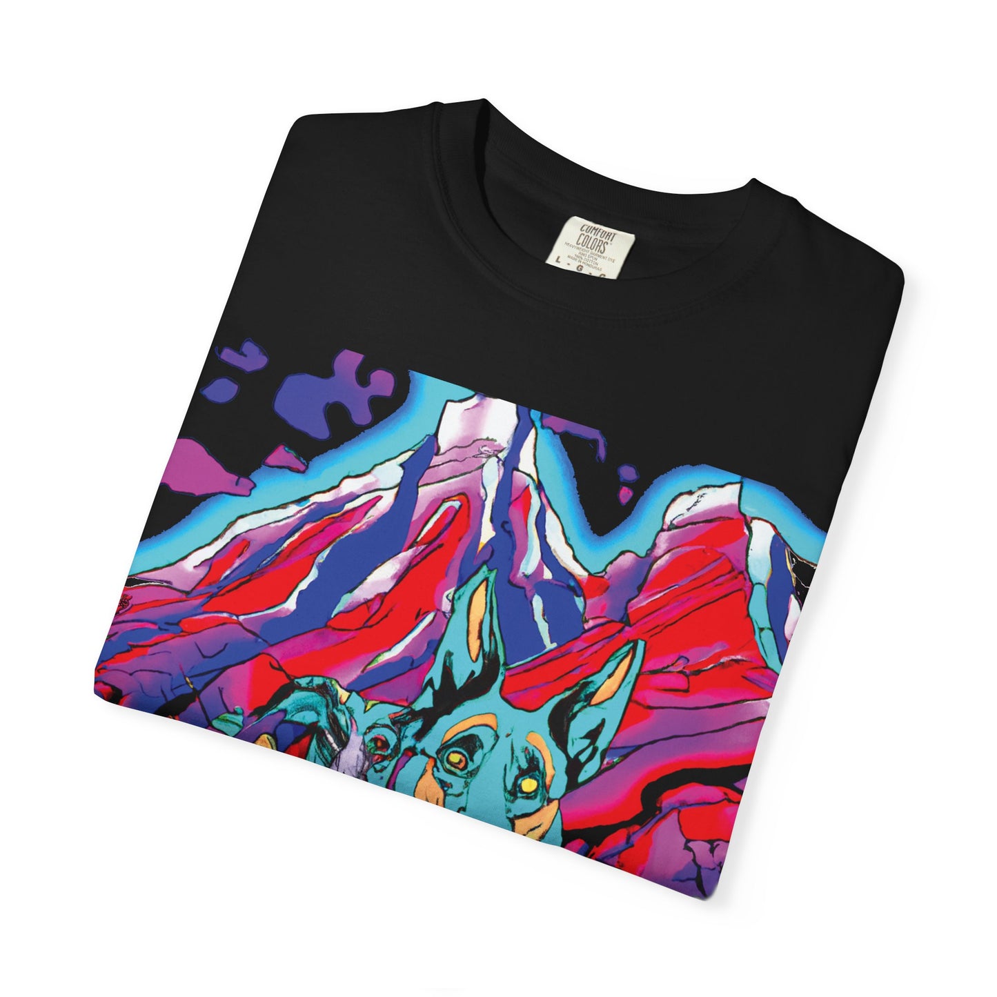 Psychedelic Mountain German Shepherd T-Shirt — Colorful Graphic Tee with Bold Back Script