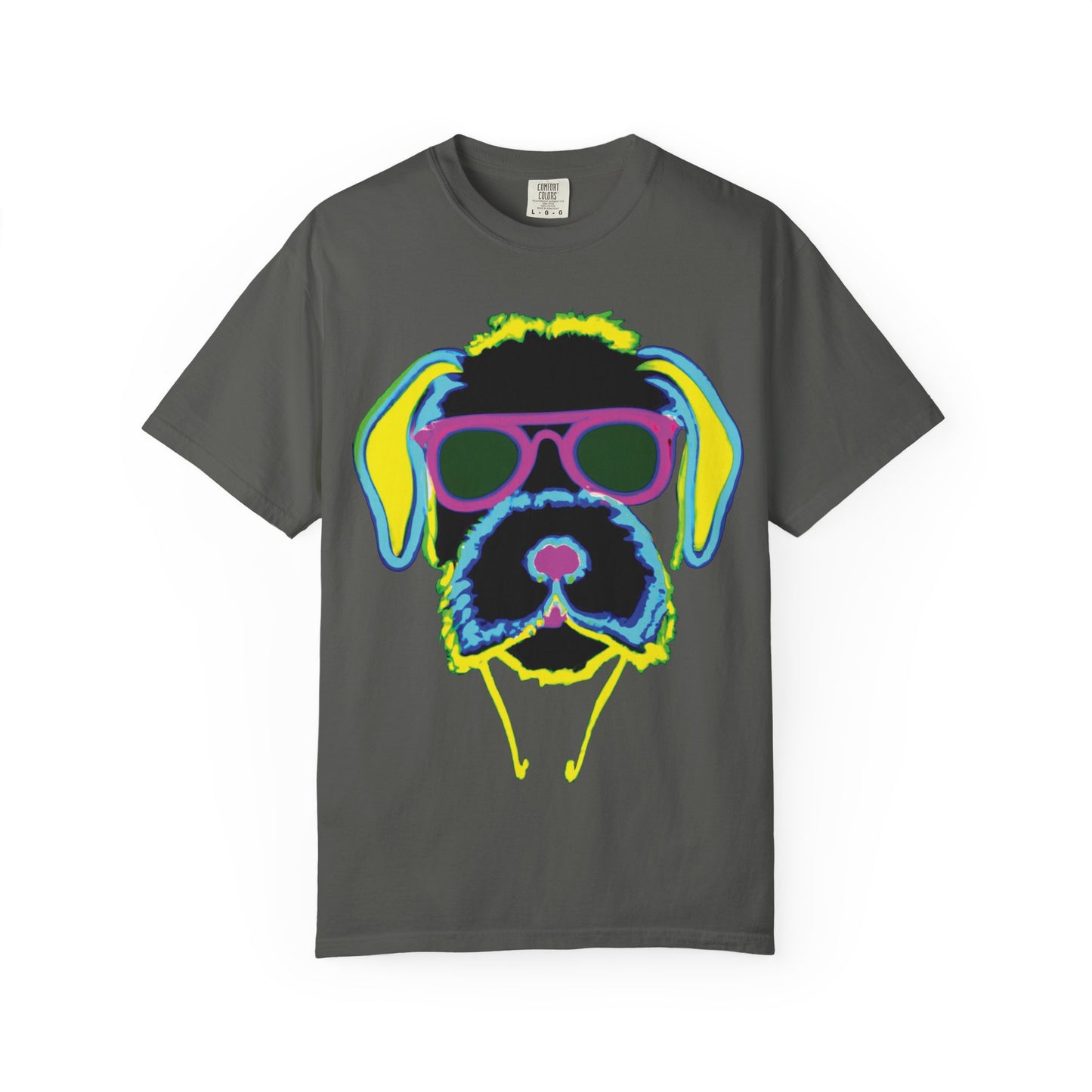 Neon Cool Dog Graphic T-Shirt — Sunglasses Pup Tee with PlurOut Backprint