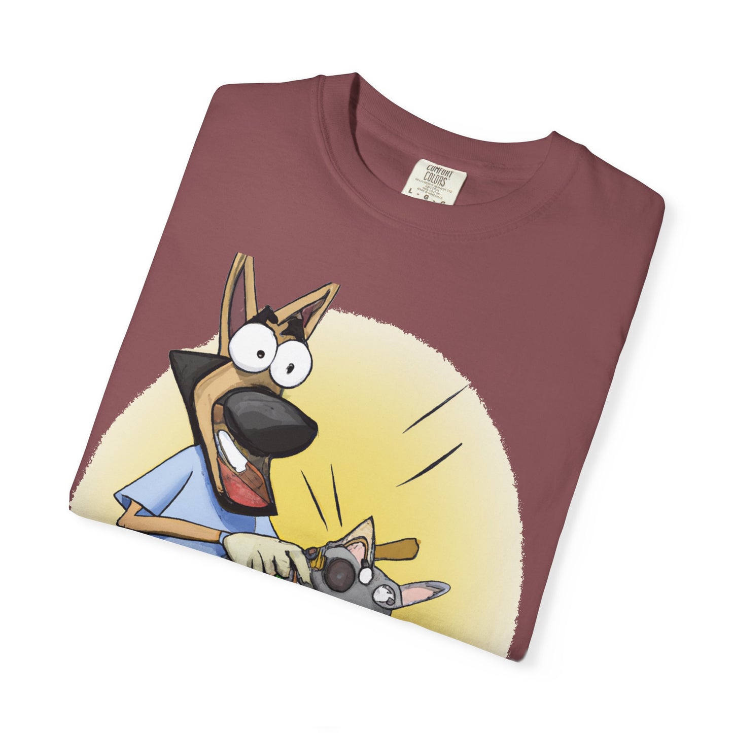 Funny Vet Dog T-Shirt — Cartoon Dog Grooming with 'PLuROUT.com' Back Print