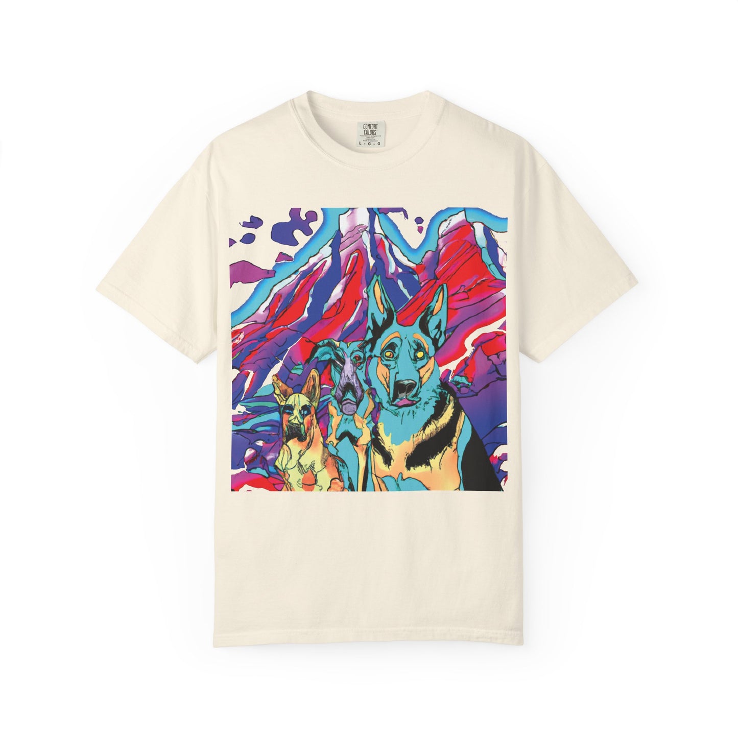 Psychedelic Mountain German Shepherd T-Shirt — Colorful Graphic Tee with Bold Back Script