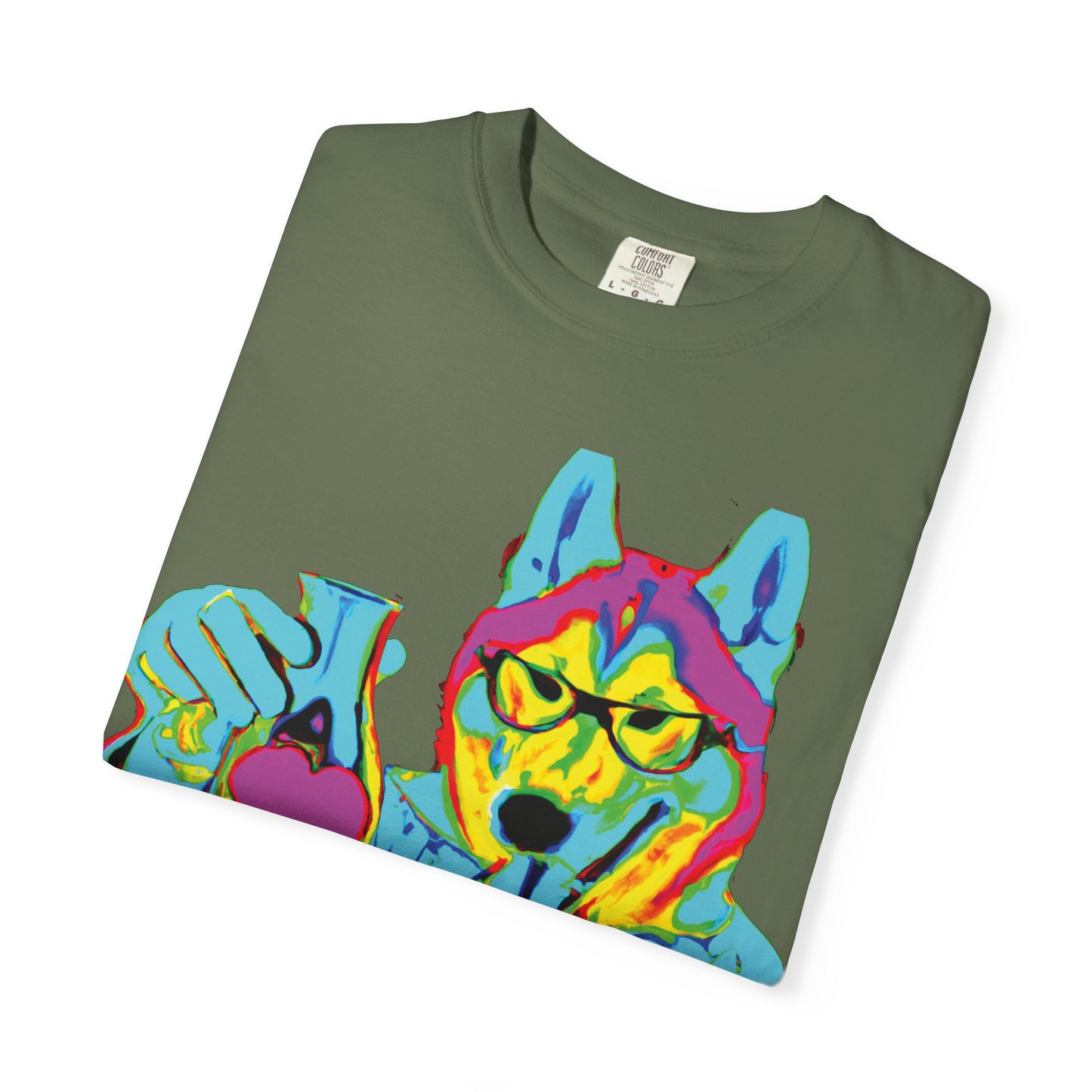 Psychedelic Husky Graphic T-Shirt — Colorful Scientist Dog Design