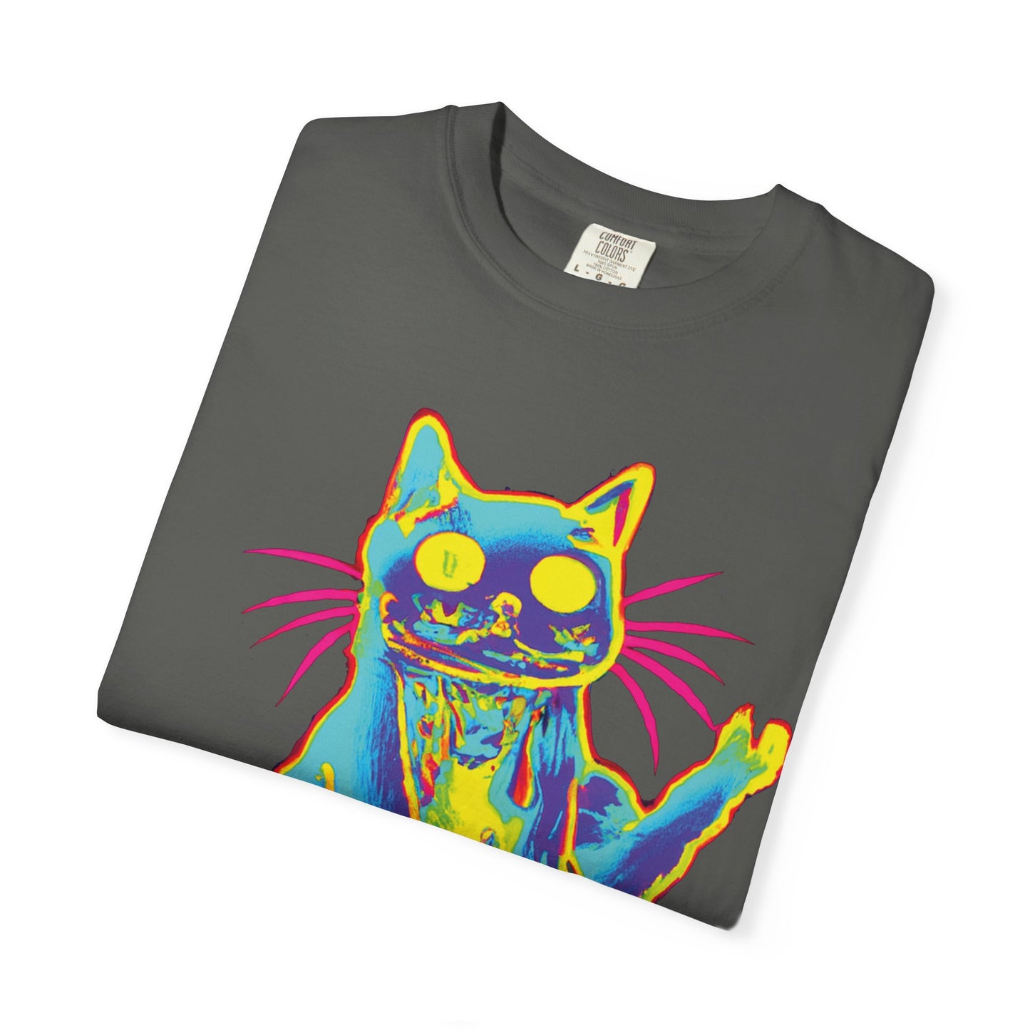Psychedelic Cat Graphic T-Shirt — Retro Neon Cat Front + 'PLURR0UT.com' Back
