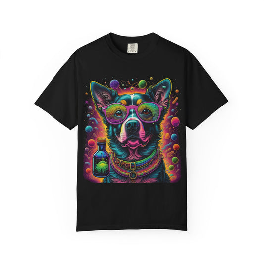 Psychedelic Dog Graphic T-Shirt — Vibrant Neon Pup Art Tee