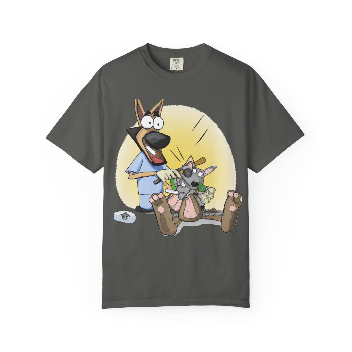 Funny Vet Dog T-Shirt — Cartoon Dog Grooming with 'PLuROUT.com' Back Print
