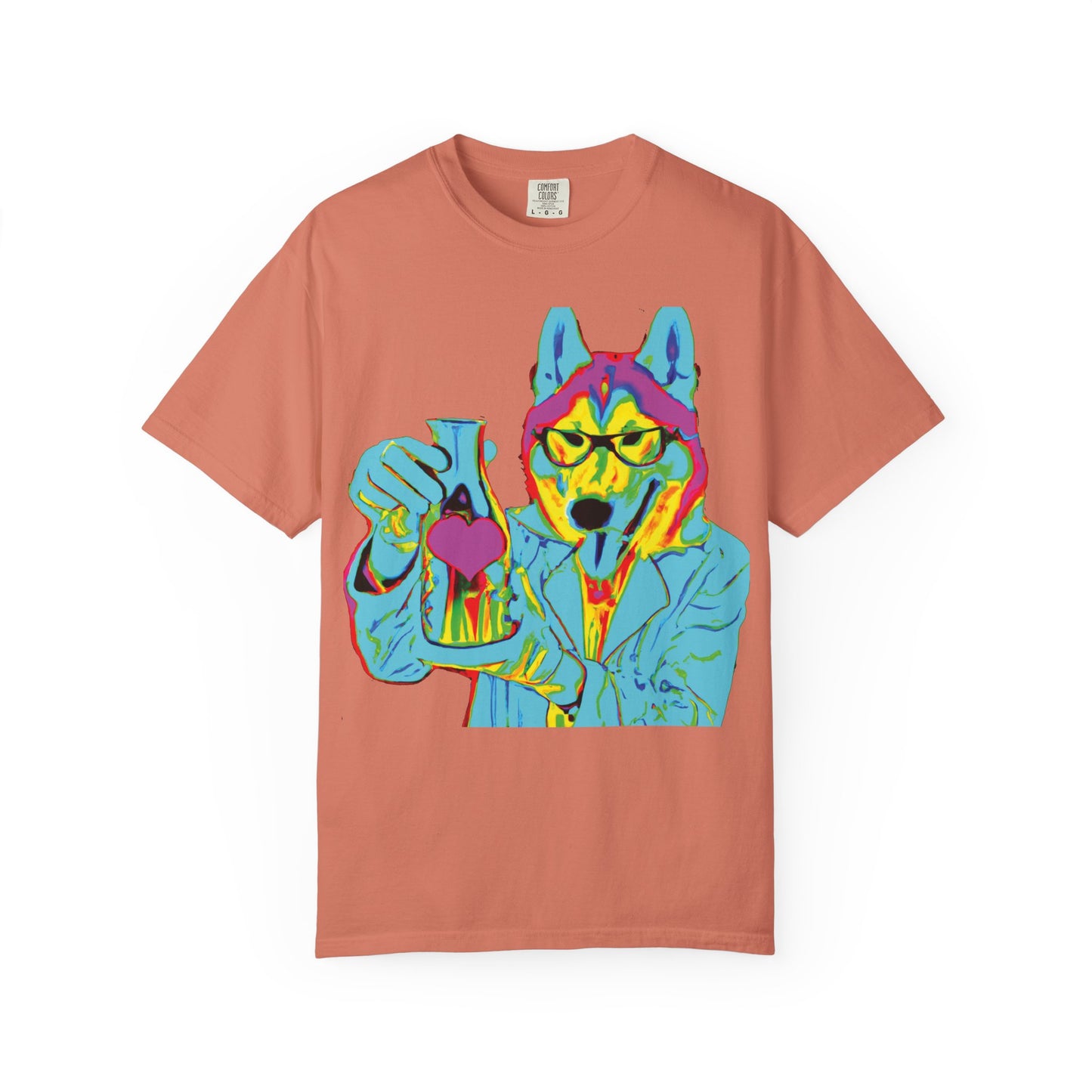Psychedelic Husky Graphic T-Shirt — Colorful Scientist Dog Design