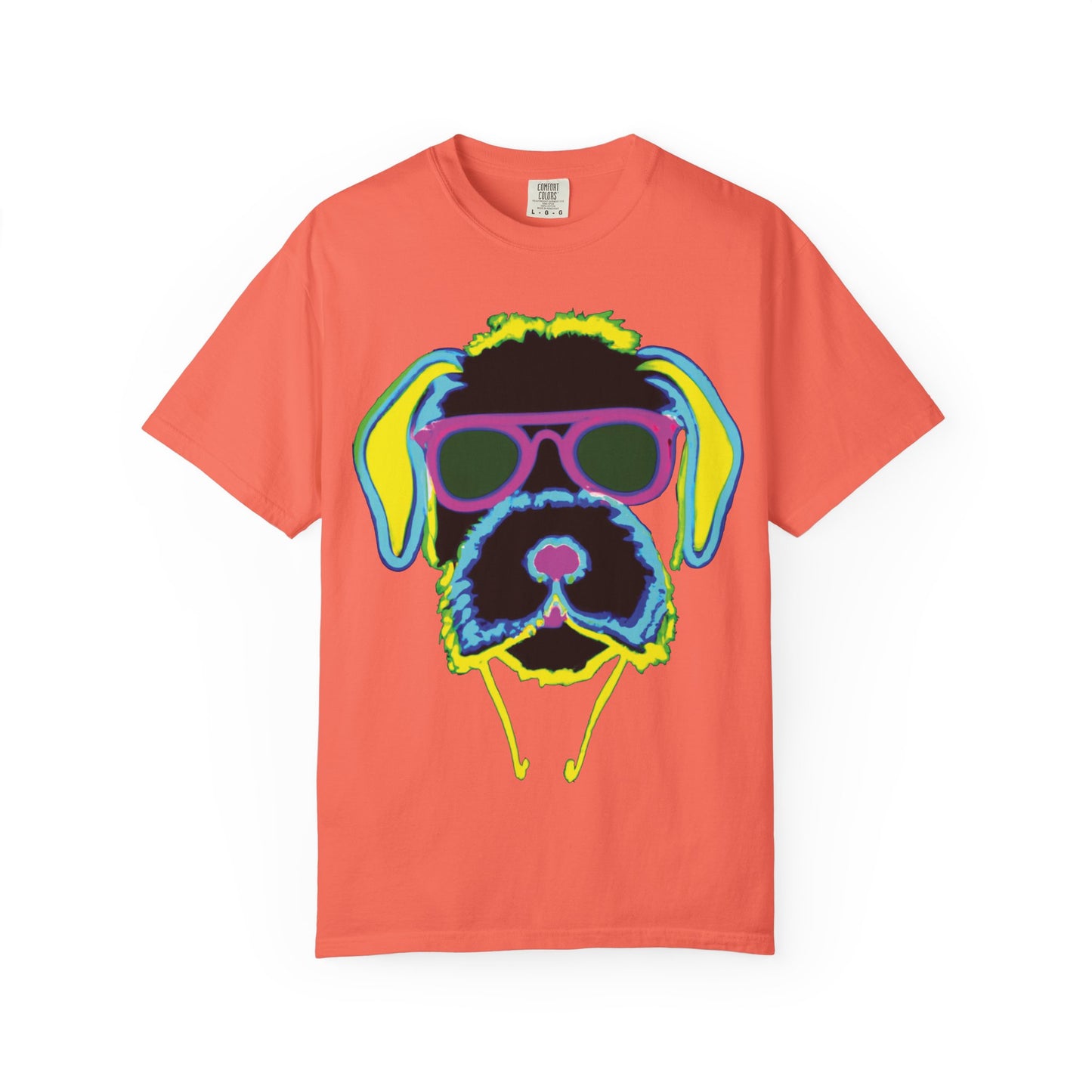 Neon Cool Dog Graphic T-Shirt — Sunglasses Pup Tee with PlurOut Backprint