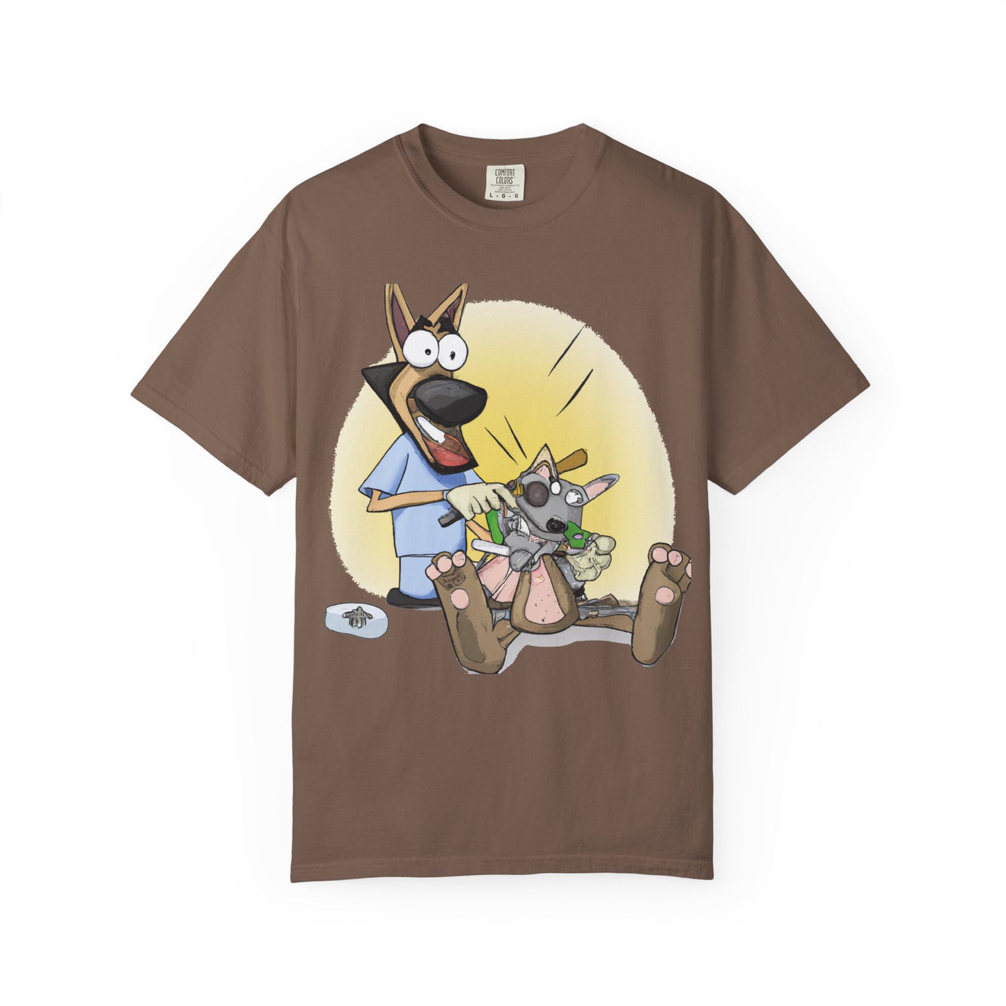 Funny Vet Dog T-Shirt — Cartoon Dog Grooming with 'PLuROUT.com' Back Print