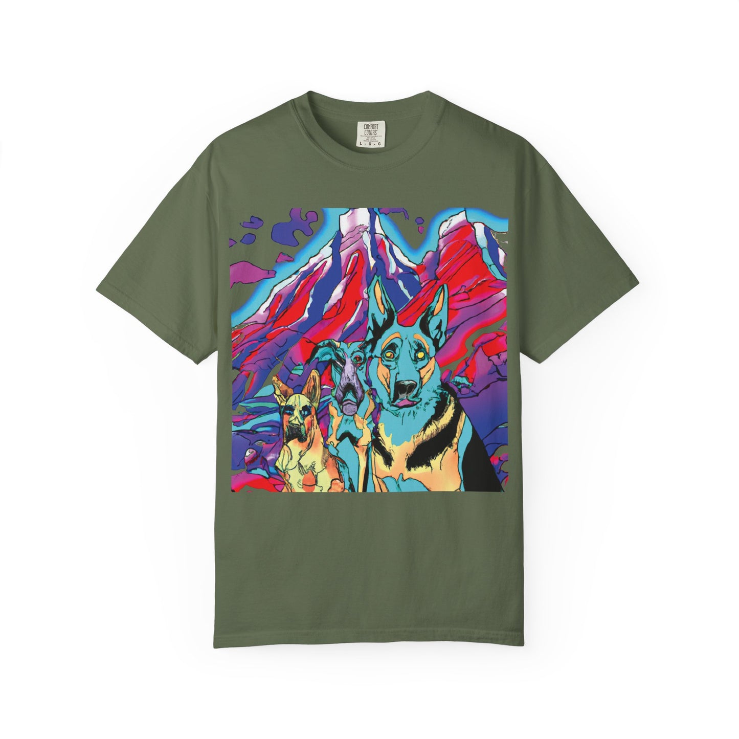 Psychedelic Mountain German Shepherd T-Shirt — Colorful Graphic Tee with Bold Back Script