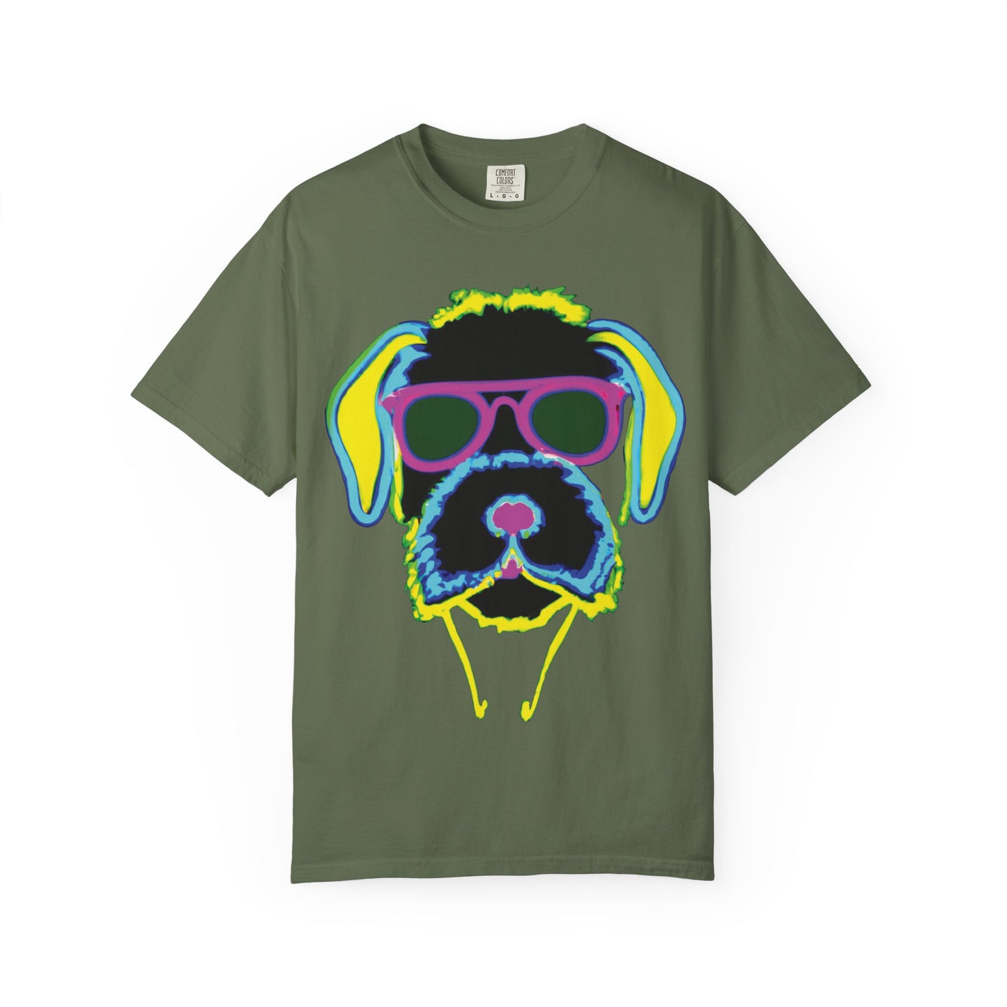 Neon Cool Dog Graphic T-Shirt — Sunglasses Pup Tee with PlurOut Backprint
