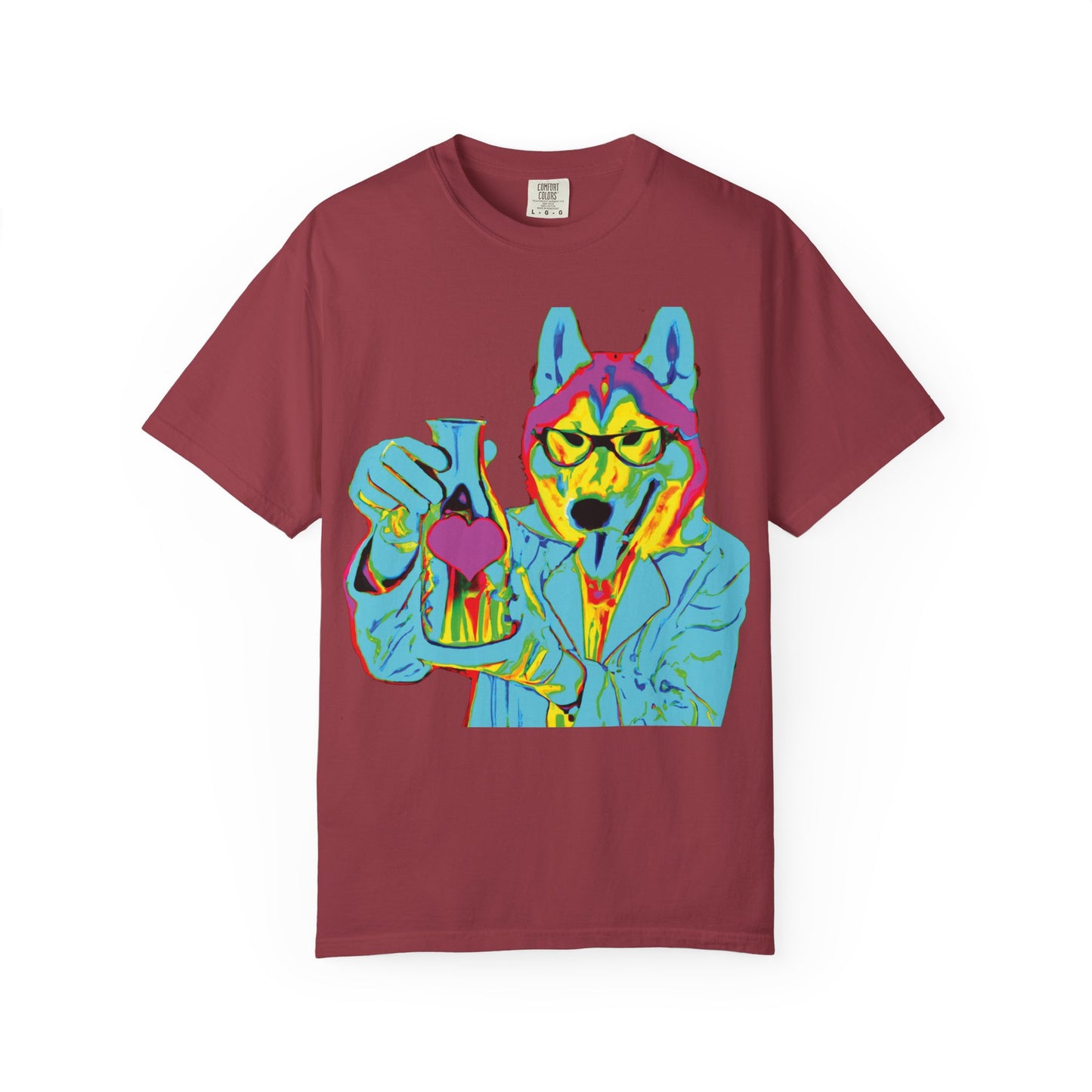 Psychedelic Husky Graphic T-Shirt — Colorful Scientist Dog Design