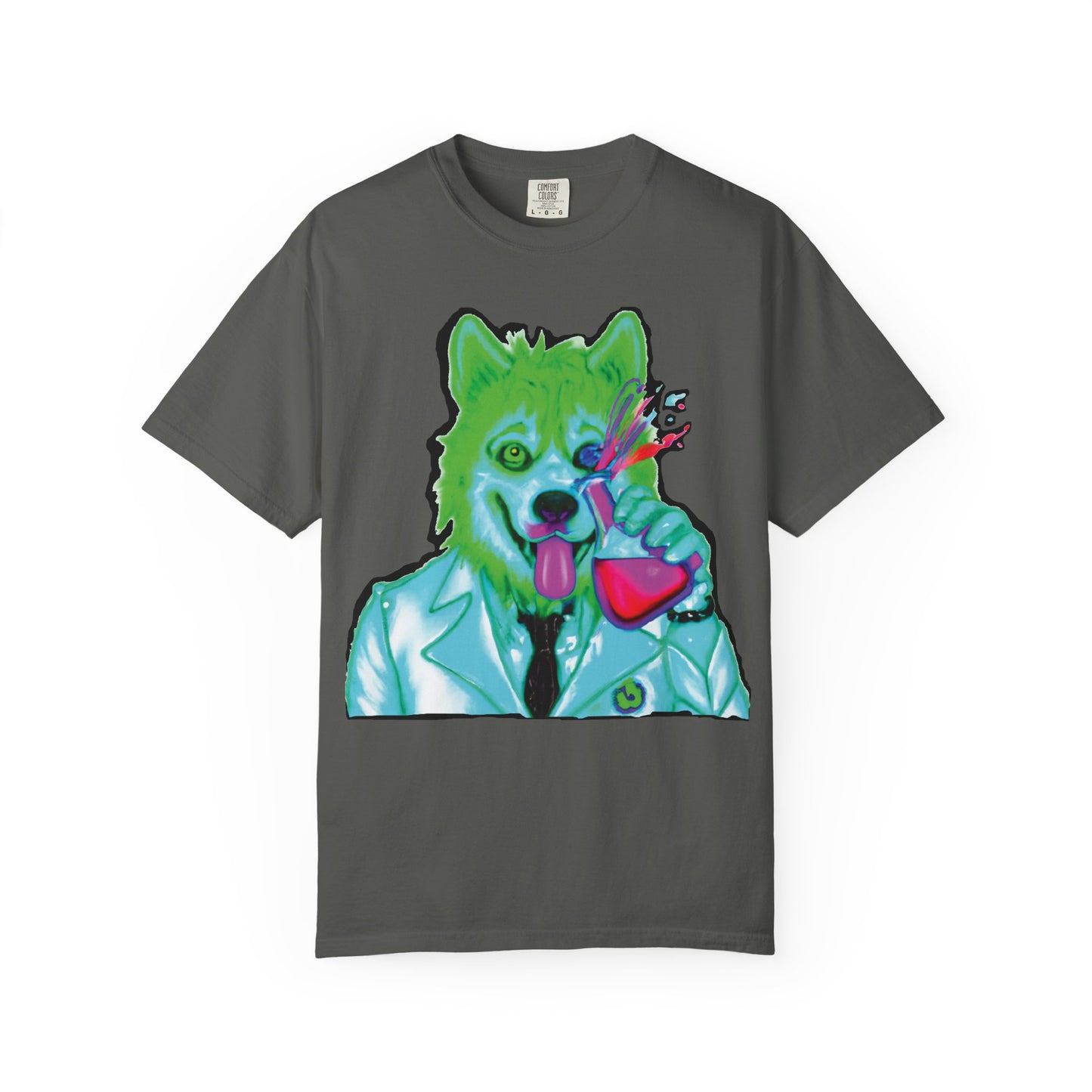 Chemist Wolf Graphic T-Shirt — Green Cartoon Animal Lab Art