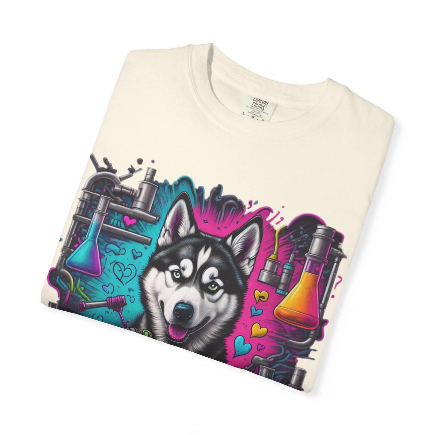 Husky Lab Graphic T-Shirt — Neon Science Dog Tee