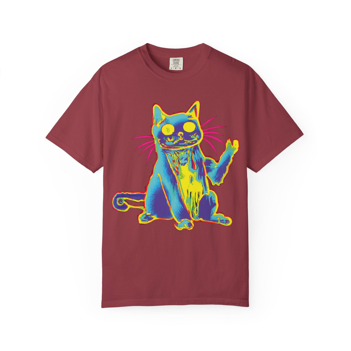 Psychedelic Cat Graphic T-Shirt — Retro Neon Cat Front + 'PLURR0UT.com' Back