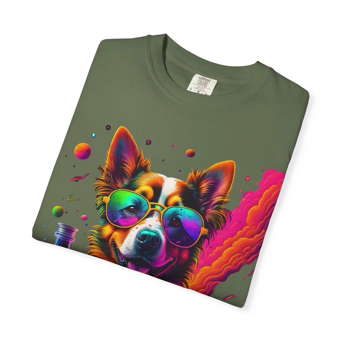 Psychedelic Dog Graphic Tee — Colorful Sunglasses Pup Print