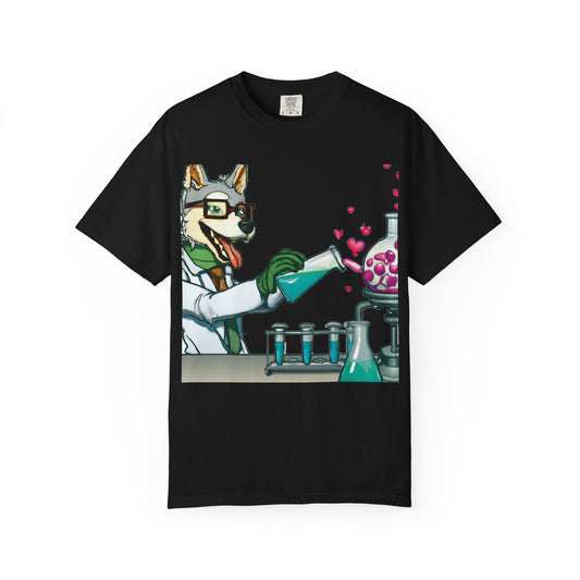 Chemist Dog T-Shirt — Cute Lab Scientist Pouring Love (Plurout.com Back Print)